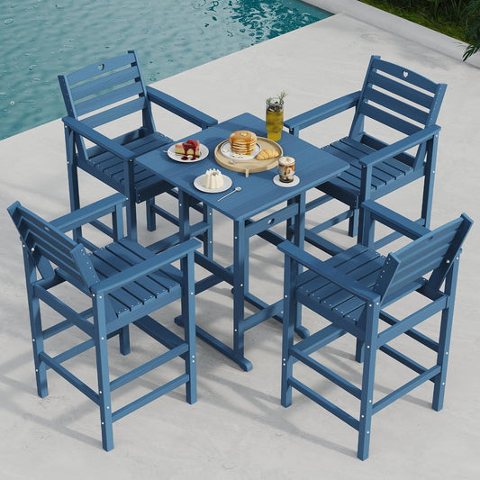 5-Piece Bar Height Outdoor Table and Chairs Set, HDPE Wood Grain Patio Bar Table and Chairs with Heart Cutout Design, Weather-Resistant Bar Height Furniture for Deck, Porch, Pool (Navy Blue)
