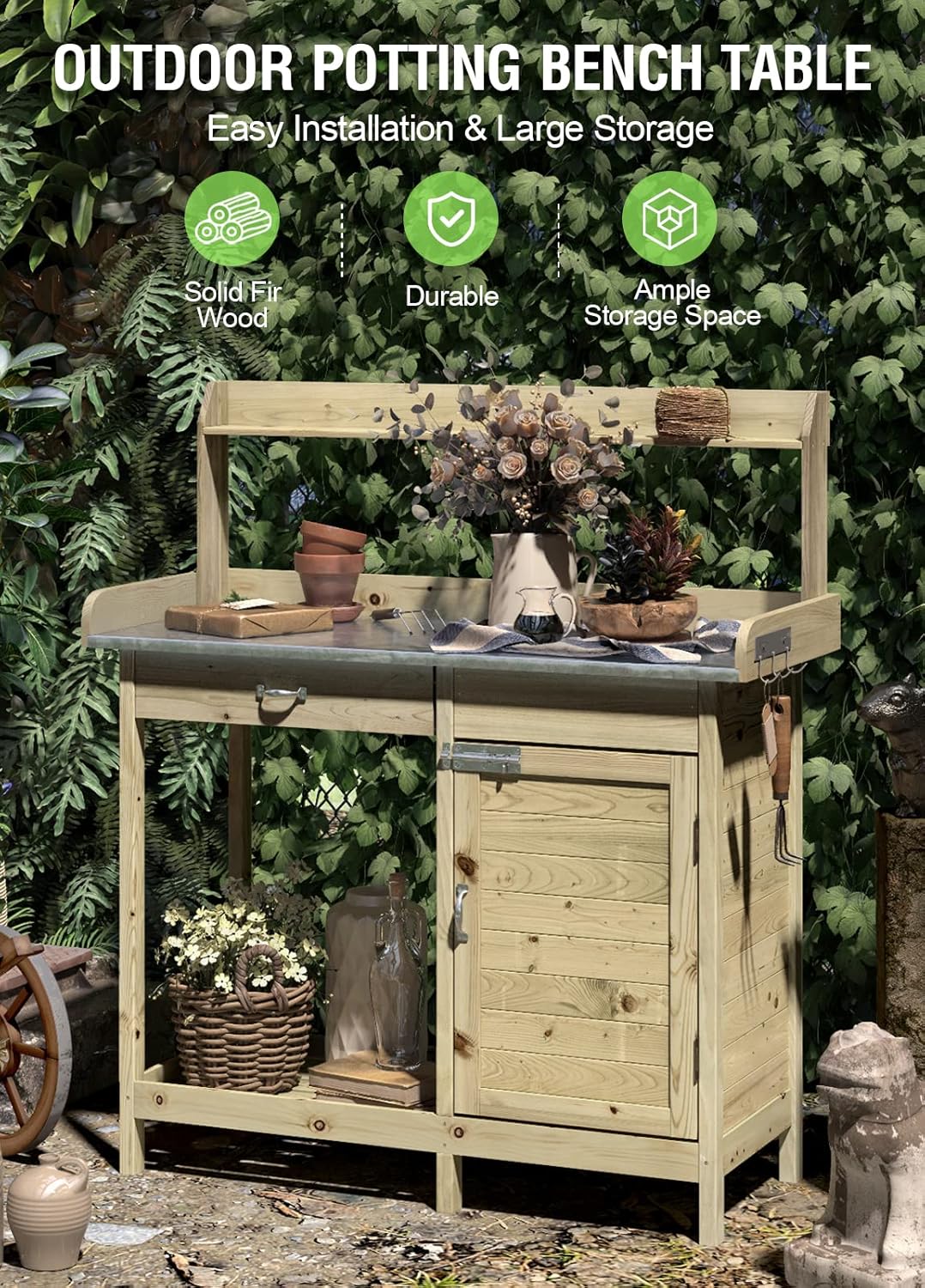 ARNOT Potting Bench,Outdoor Potting Bench Table with Sink and Storage Shelves, Wooden Garden Workstation for Gardening Tools, Planting, and Repotting – Natural Fir Wood (44” x 18” x 49.5”)