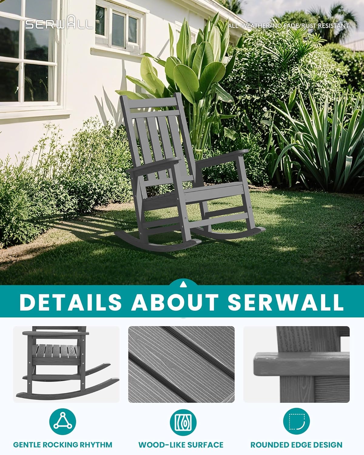 SERWALL HDPE Outdoor Rocking Chair Set of 8, Patio Rocking Chairs for Adults, All Weather Outdoor Rockers for Lawn, Grey