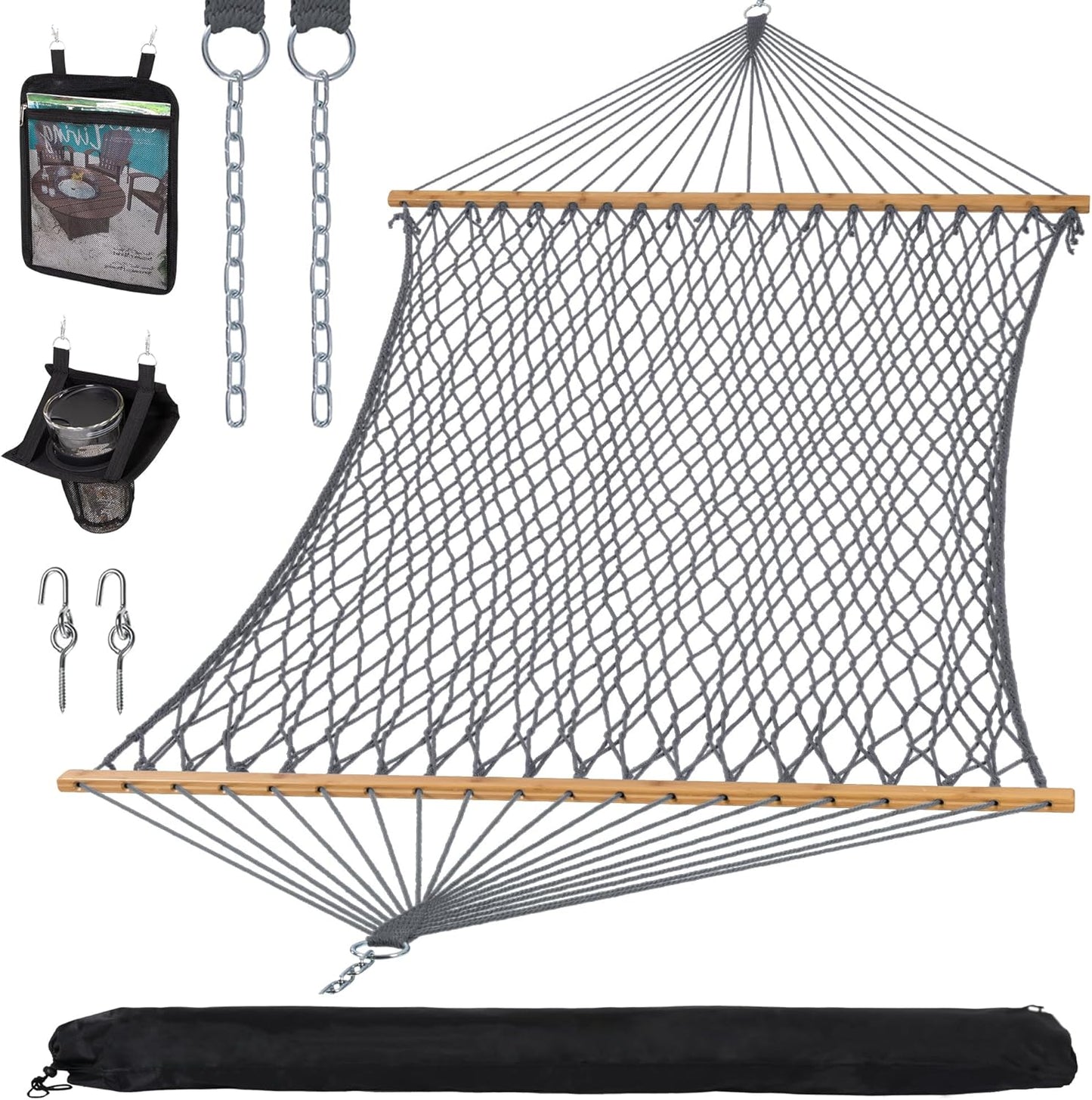 SUNCREAT Double Outdoor Hammock, Polyester Rope Hammock with Strong Spreader bar, Gray