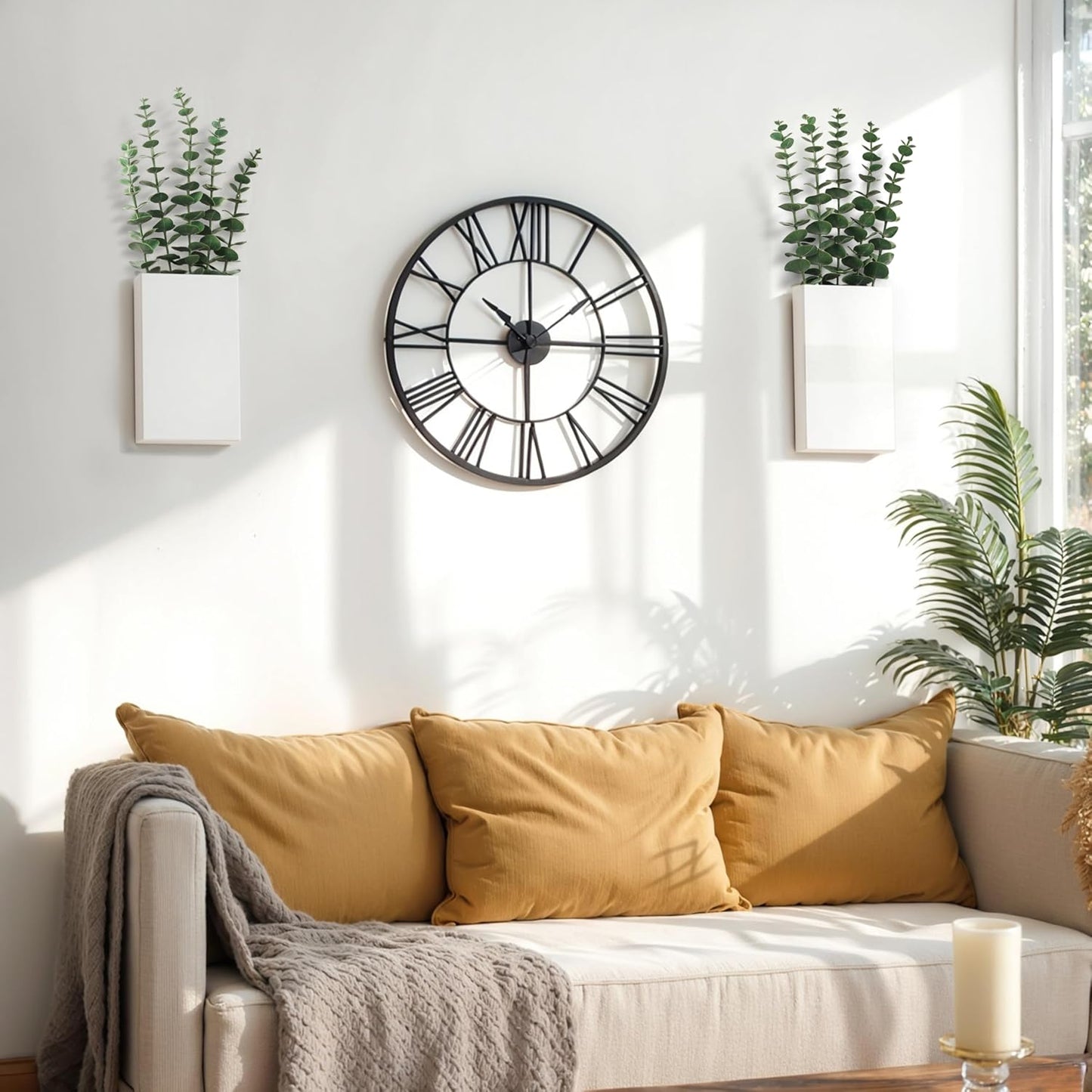 2 Pack Metal Wall Planter Vases Decor with Artificial Eucalyptus, Modern Farmhouse Rustic Hanging Pocket Planters for Indoor Greenery and Flowers, Living Room Bedroom Kitchen Decoration, White