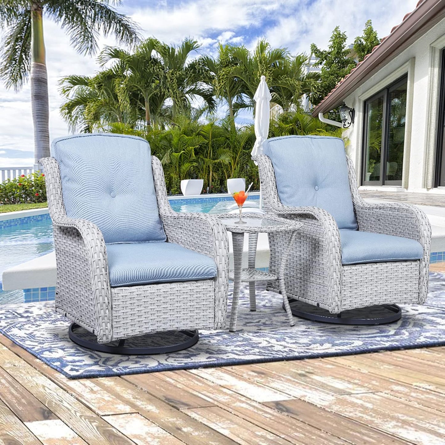 Outdoor Patio Swivel Rocker Chairs - Wicker Rattan Patio Swivel Rocking Chairs Set of 2 with High Back,Deep Seating and Comfort Cushions for Deck Porch Garden,Light Grey/SkyBlue