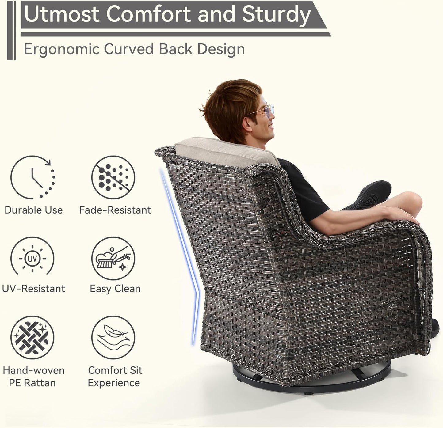 5 Piece Outdoor Patio Furniture Set Wicker Conversation Set Swivel Rocking Chairs with Side Table and Ottomans for Backyard, Porch, Deck, Beige