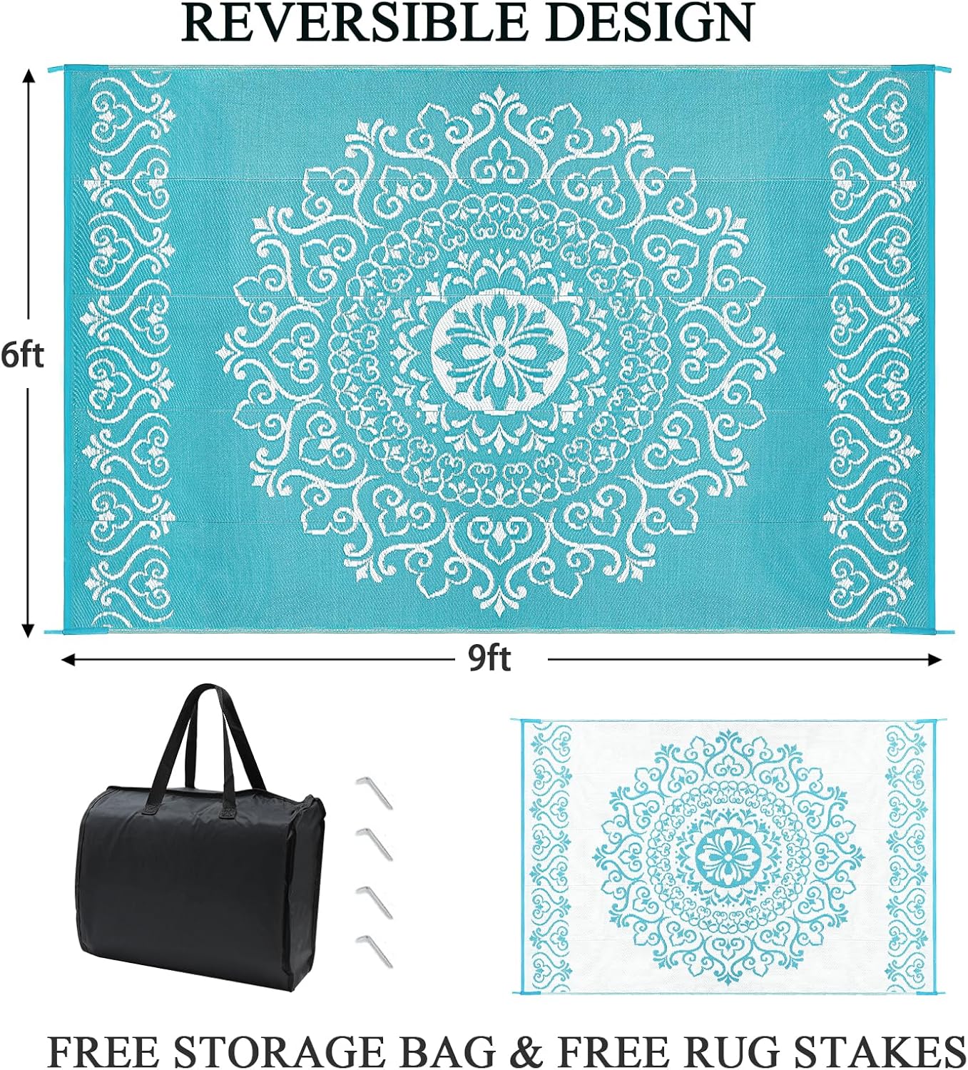 Pauwer Waterproof Outdoor Rug 6x9, Reversible Plastic Straw Patio Camping Rug, Indoor Outdoor RV Mat Carpet for Deck, Camper, Porch, Balcony, Backyard, Picnic, Floral Teal