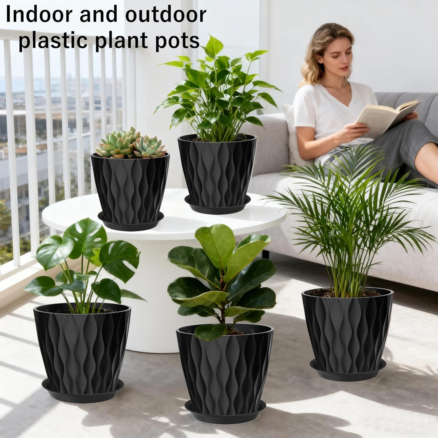 7 Inch Plant Pots Set of 5, Plastic Flower Pots with Drainage Holes and Trays, Planter Pot for Indoor Plants, Decorative Pots for Plants Indoor/Outdoor （Multicolor）