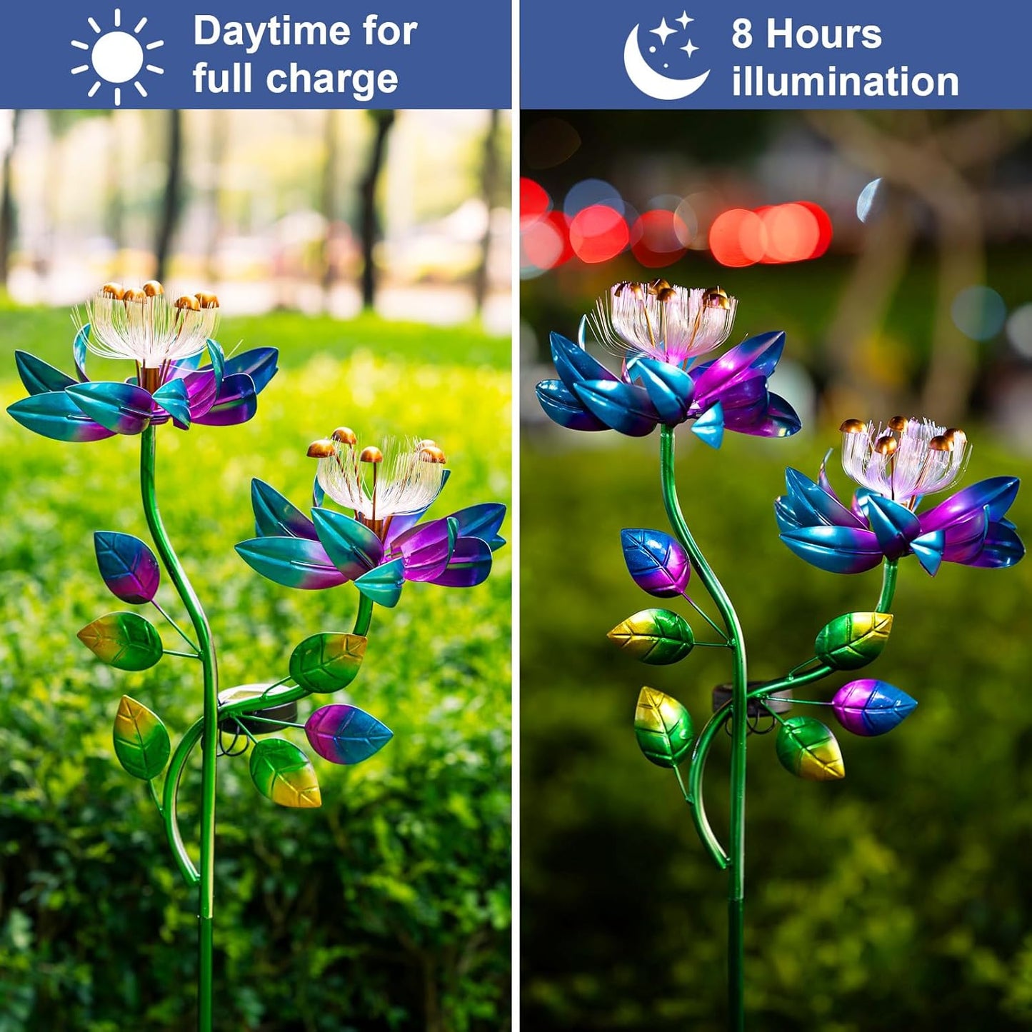 Solar Wind Spinners Blue Twin Flowers for Yard and Garden, Solar Windmill Garden Whirligig Kinetic Spinners Decor for Lawn, Patio, Yard, Metal Wind Outdoor Sculpture