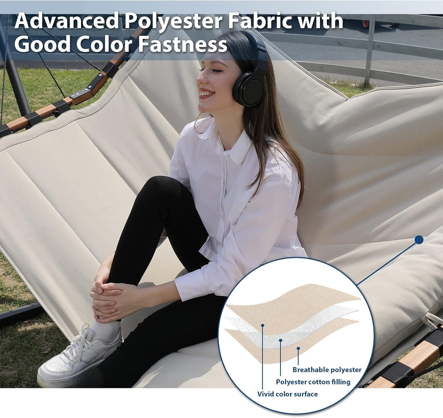 TegerDeger 12FT 2 Person Hammock Large Hammock 450LB Capacity with V Shaped Hardwood Spreader Bar & Nylon Rope for Outside, Patio, Garden, Backyard, Beach, Poolside - Beige