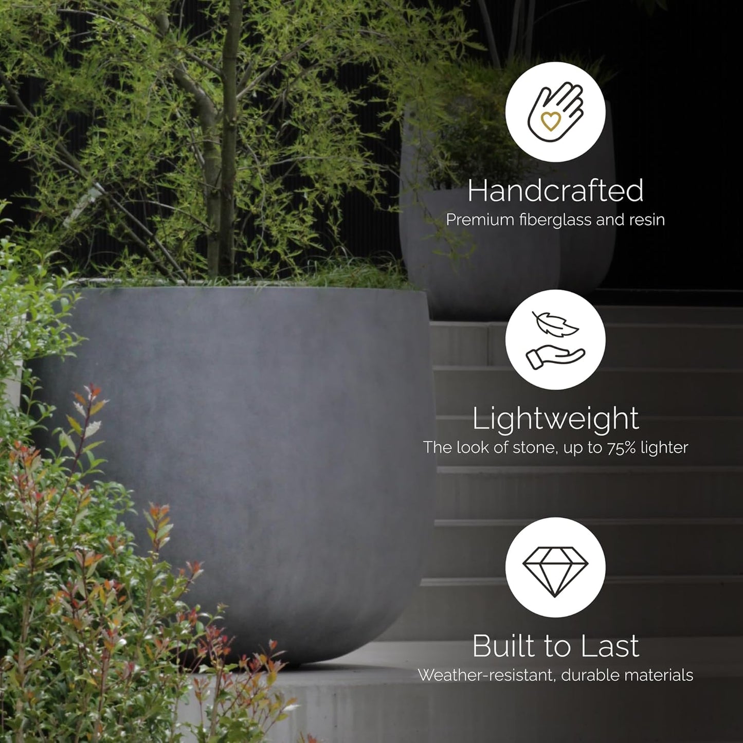 Mondo Large Planter – Sand Stone Finish – Fiberglass Indoor/Outdoor and Weather-Resistant Round Planter (33" D x 31.3" H Exterior, 31.5" D x 30.7" H Interior)