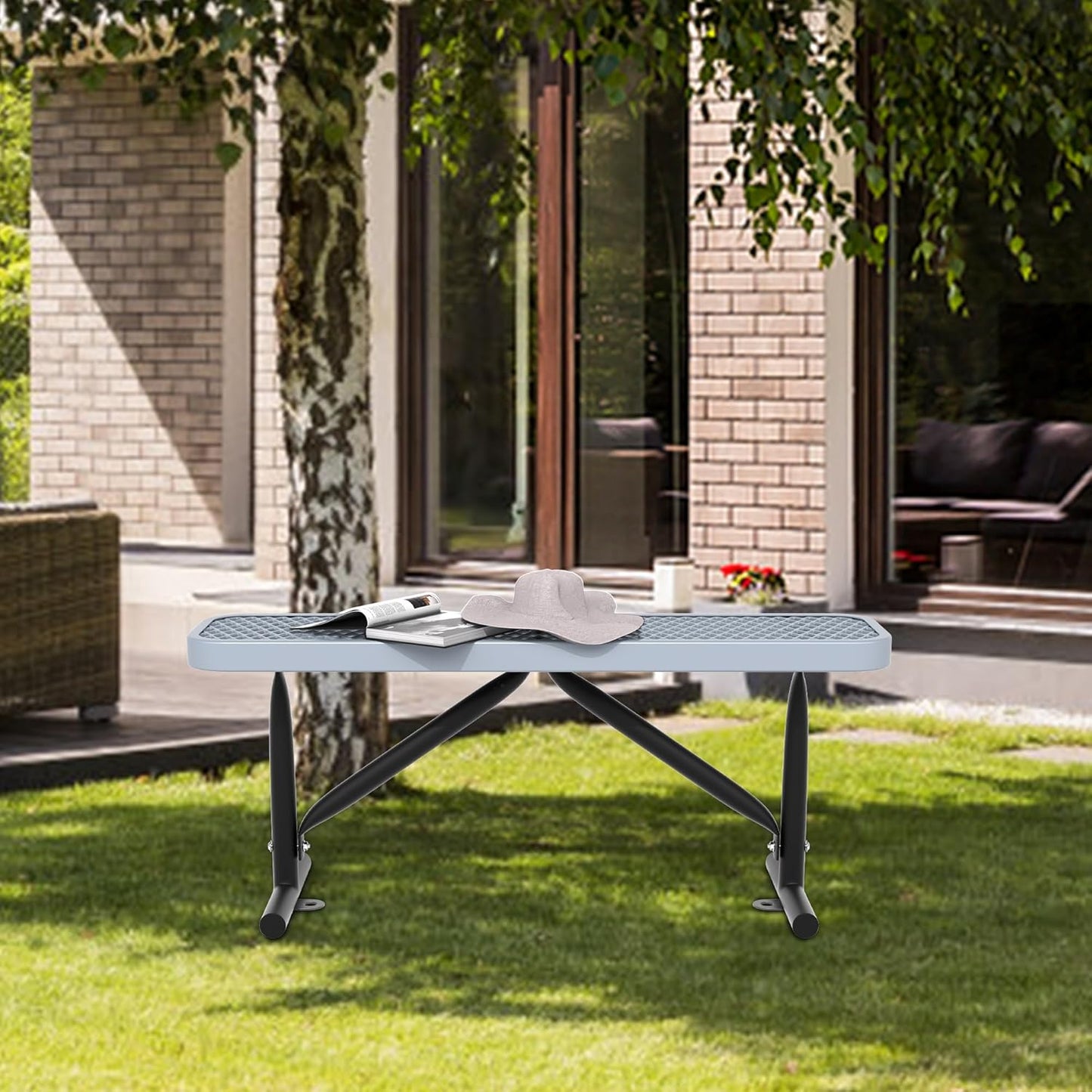 4 Feet Heavy Duty Metal Park Bench for Outside, Outdoor Bench with Portable Frame, Commercial Benches for Shopping Mall, Store, Park, Patio, Deck, Grey