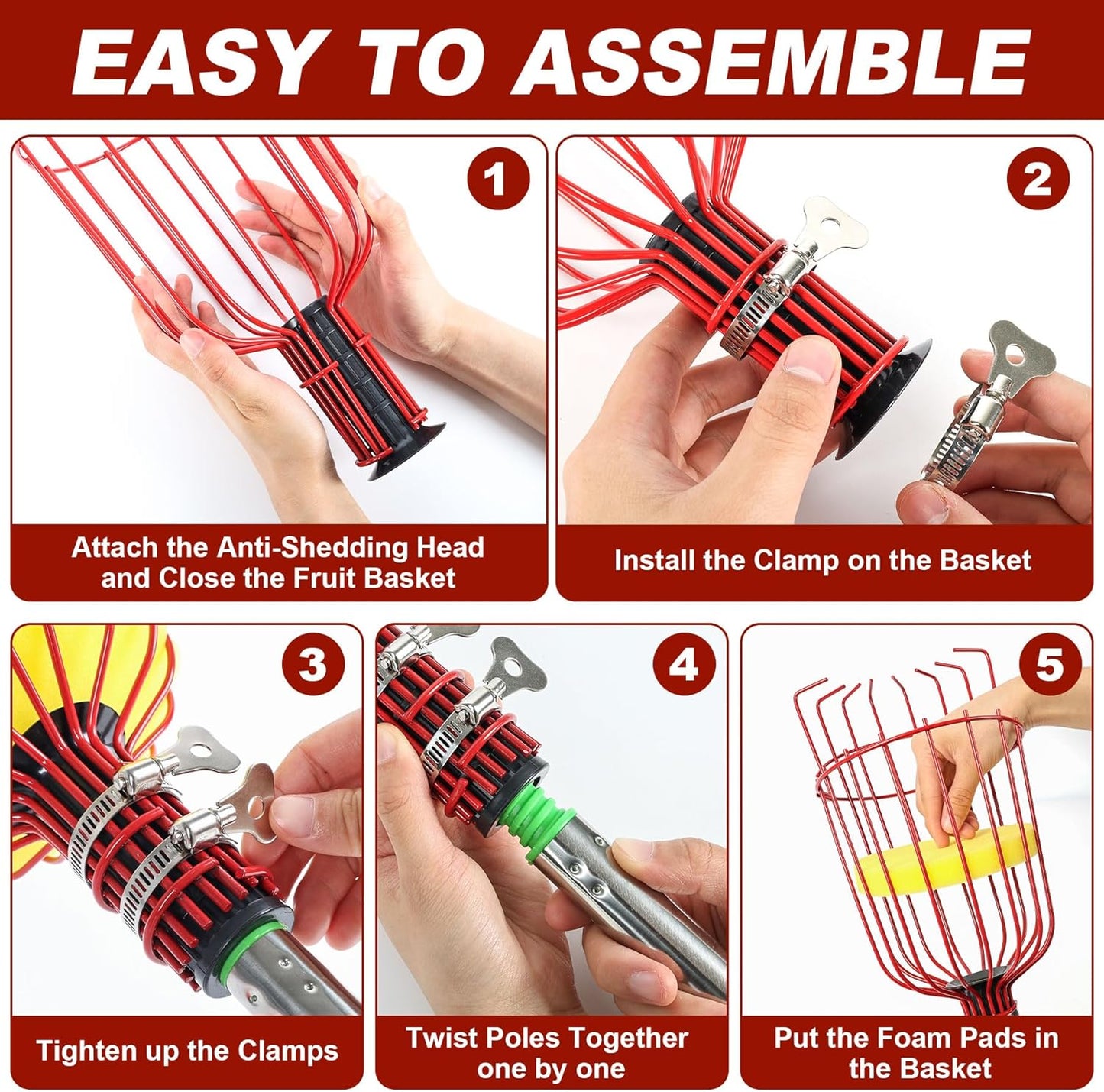 8 FT Fruit Picker Pole with Basket, Adjustable Fruits Picker Catcher Tool for Apple Mango Avocado Lemon Fig Citrus Orange Fruit Picker