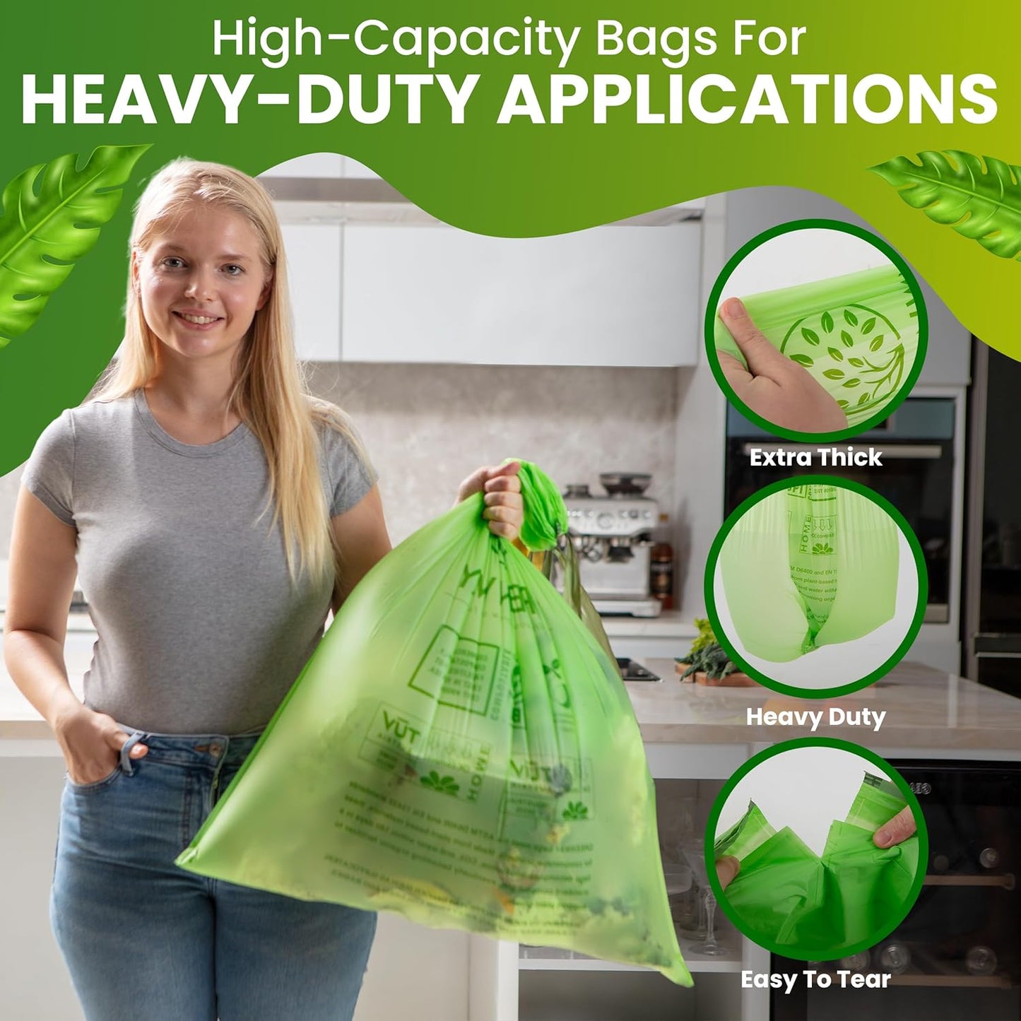 GREENWAY 13 Gallon Compostable Trash Bags Drawstring, 50 Bags, Heavy Duty Extra Thick 0.90 Mil, Tall Kitchen Food Scrap Waste Bags, US BPI and Europe OK Compost Home Certified