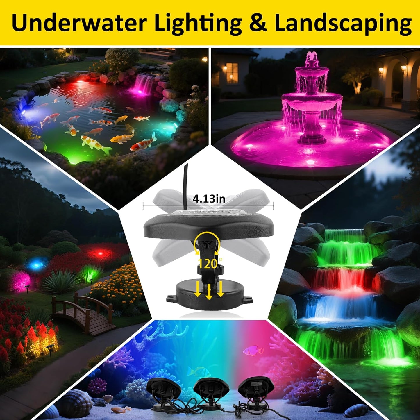 T-SUN Color Changing Submersible Pond Lights with APP and Remote Control, IP68 Waterproof Dimmable Timer Fountain Lights led Underwater for Koi Fish Tank Aquascape Waterfall Landscape(Set of 3)