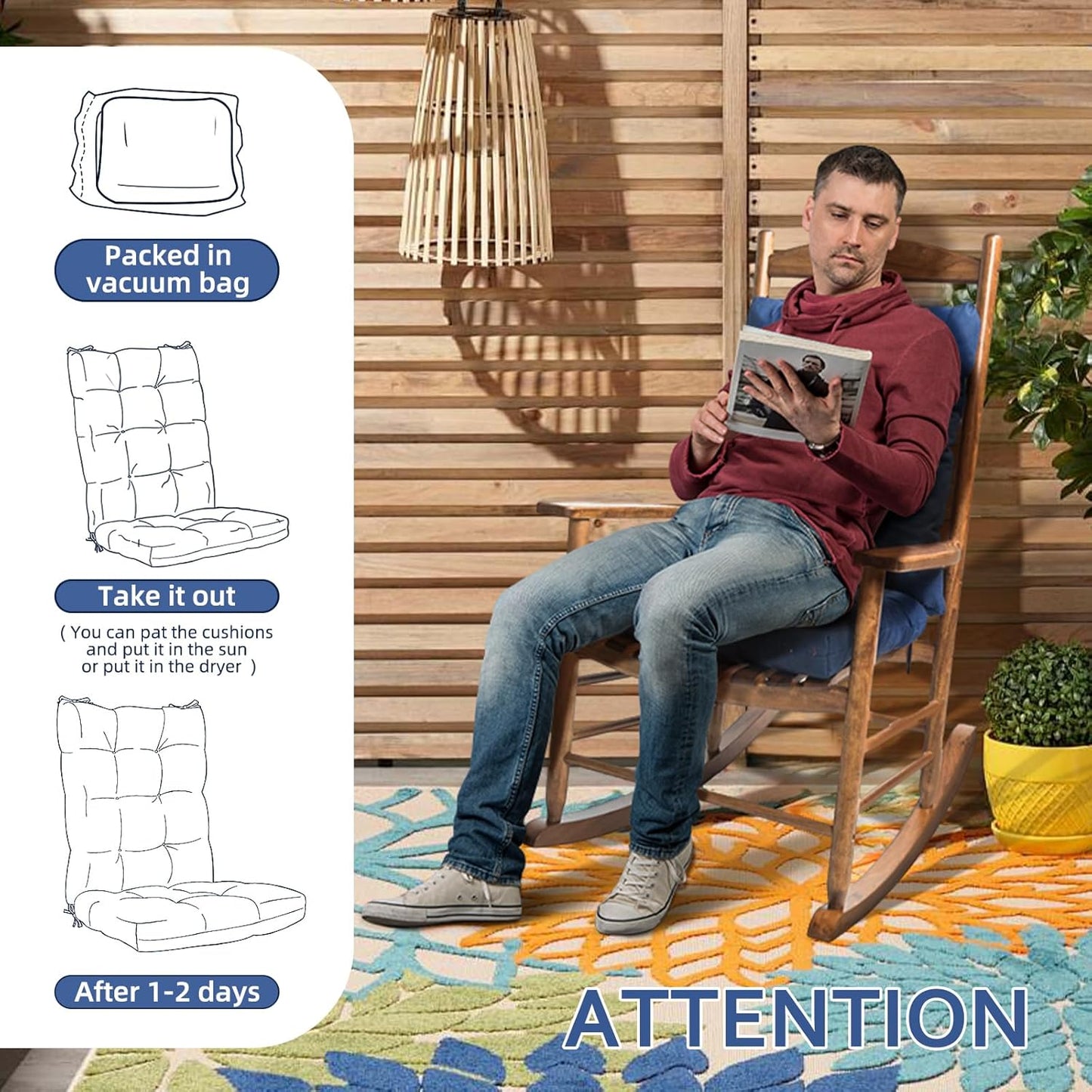 Yellow Rocking Chair Cushion Indoor Outdoor High Back Seat Pad Soft Chair Cushion for Patio Porch Garden Kitchen Office