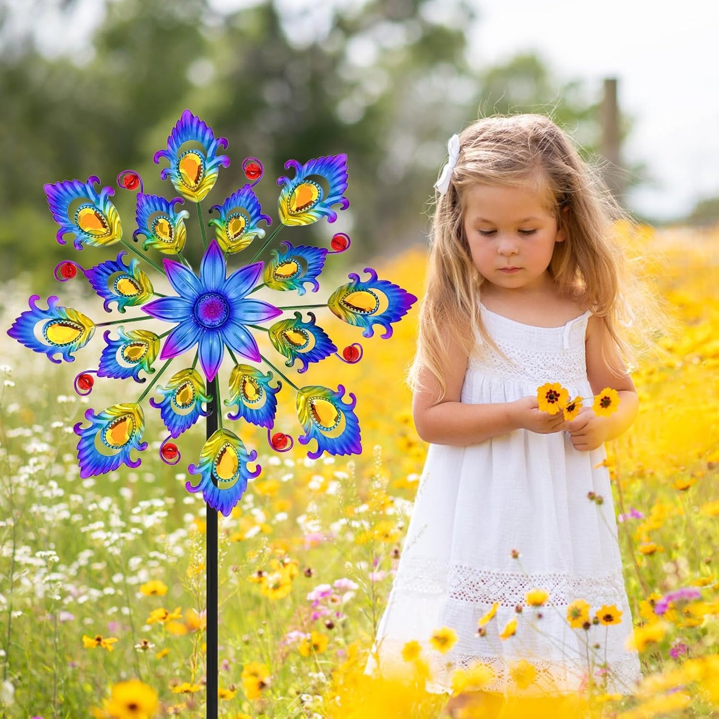 45" Feathers Wind Spinners for Yard and Garden, 16pcs Peacock Feathers Kinetic Outdoor Decor, Wind Sculpture Yard Art Decorations for Patio, Lawn