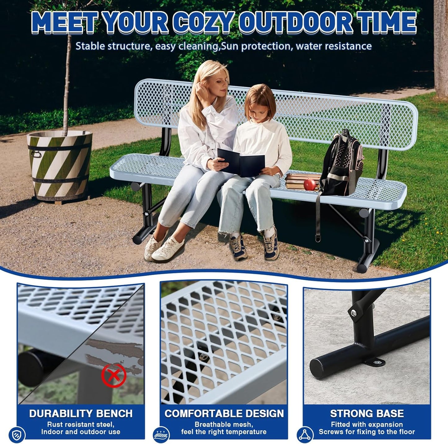 6Ft Heavy Duty Park Bench with Back Portable Frame, Outdoor Steel Bench with Backrest, Expanded Metal Mesh Bench for Lawn, Park, Deck, Garden, Patio, Porch, Grey