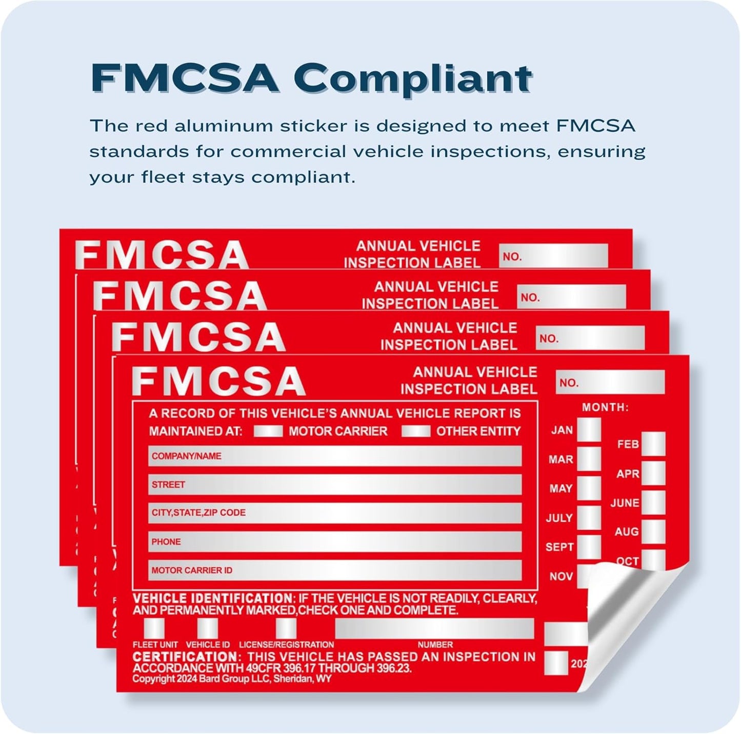 100-Pack DOT Compliant Aluminum Annual Vehicle Inspection Label – Red FMCSA Label with Punch Boxes