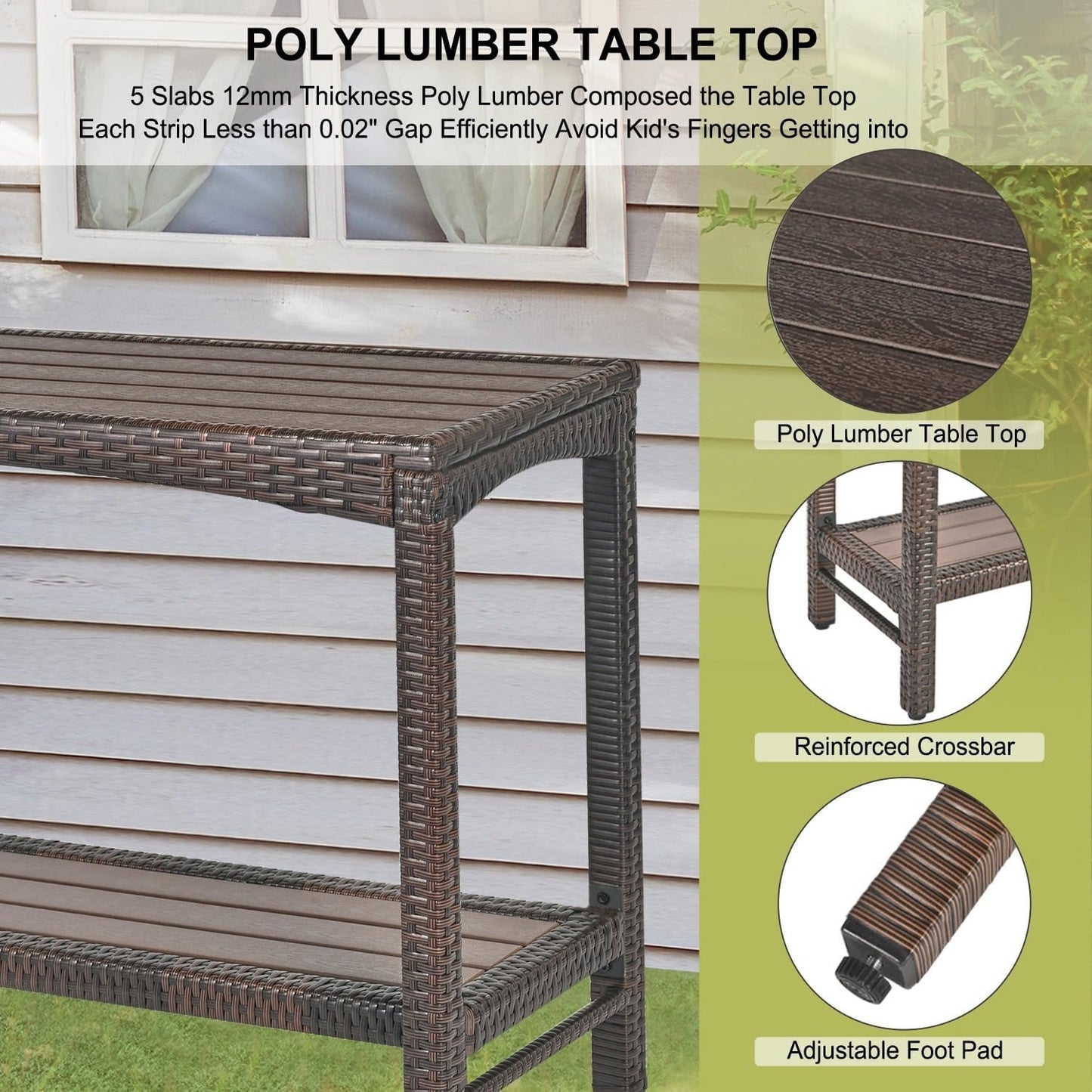 Outdoor Console Table Patio Buffet Bar Storage Organizer 45" Long Wicker Sofa Serving Sideboard Table 2-Shelf Outdoor Bar Table Tall Rectangle Narrow with Adjustable Feet for Entryway Balcony Brown