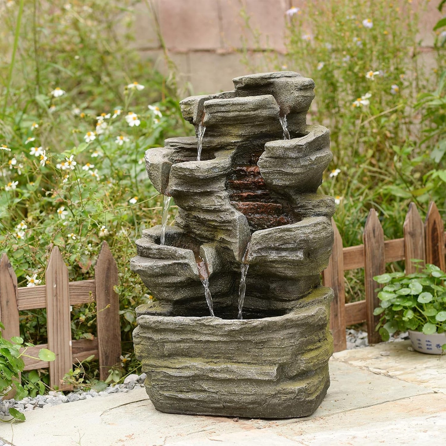 6-Tier Cascading Rock Water Fountain Outdoor Garden Waterfall Decor for Garden, Patio, Backyard, Deck, Porch and Home Art Decor,24.4" H Outdoor Fountain with Lights