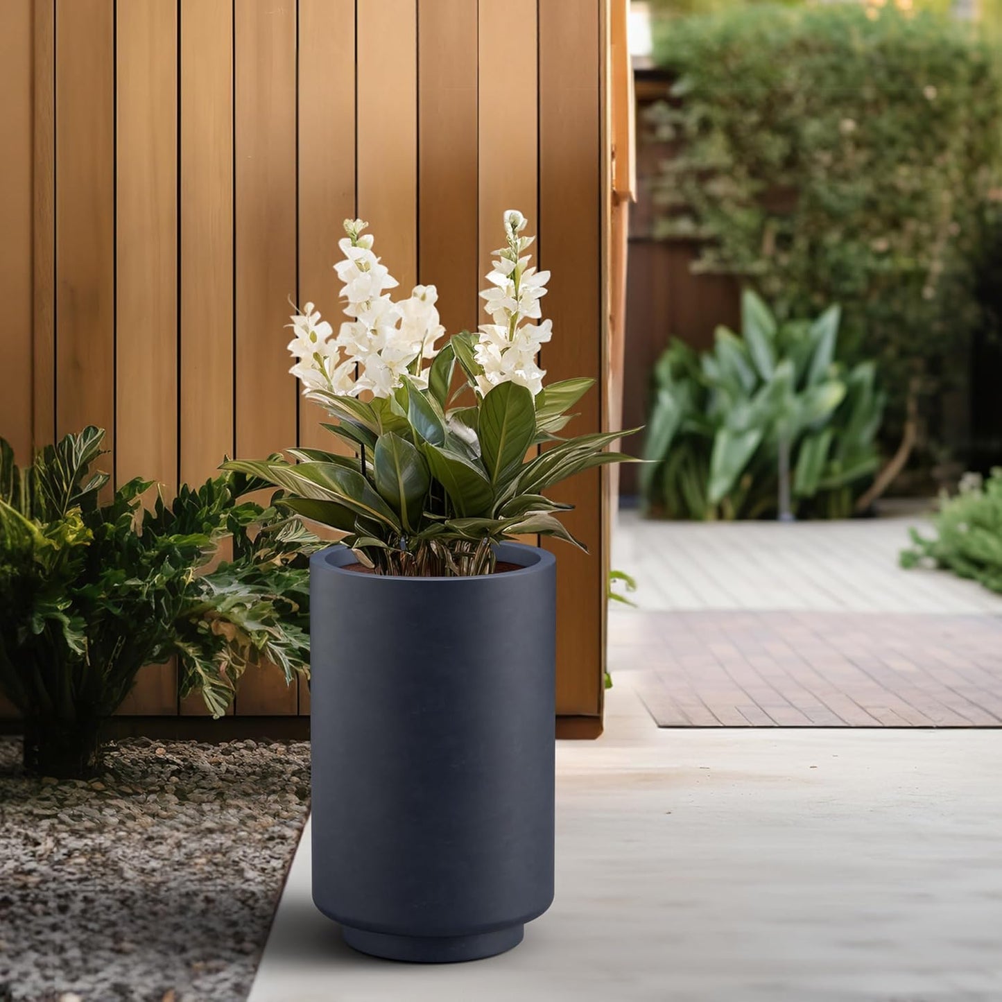 Kante 20.1 Inch Tall Concrete Planter, Round Pedestal Design Garden Pot for Indoor Outdoor Plants, Modern Garden Pot with Drainage Hole, Charcoal Finish with Warm Brown Interior