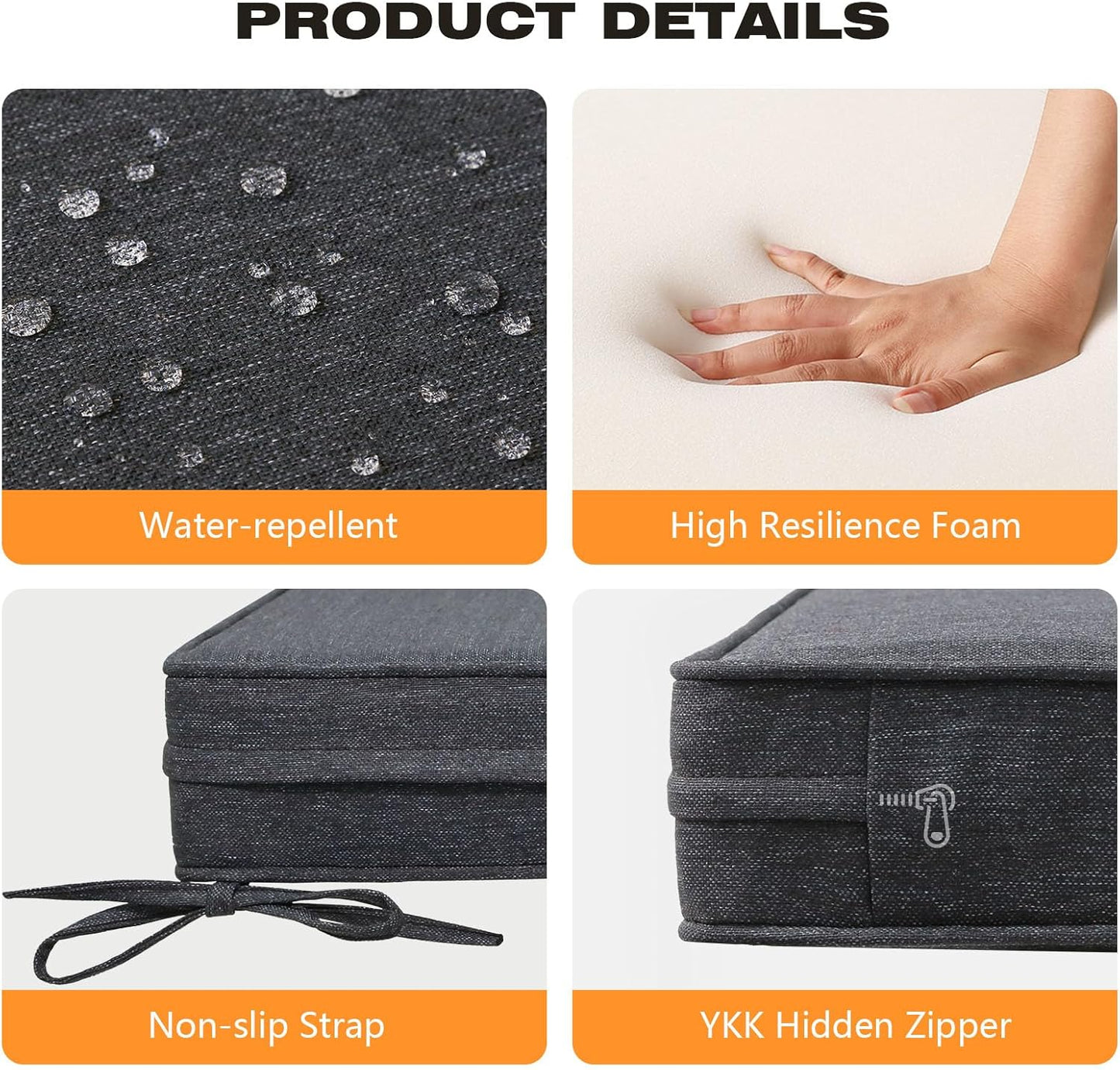 Square Corner Seat Cushions, 19" x 19" x 3", Set of 4, Indoor Outdoor Water Repellent Universal Chair Pads with Ties for Patio Furniture, Garden Deck Dining Chairs, Charcoal