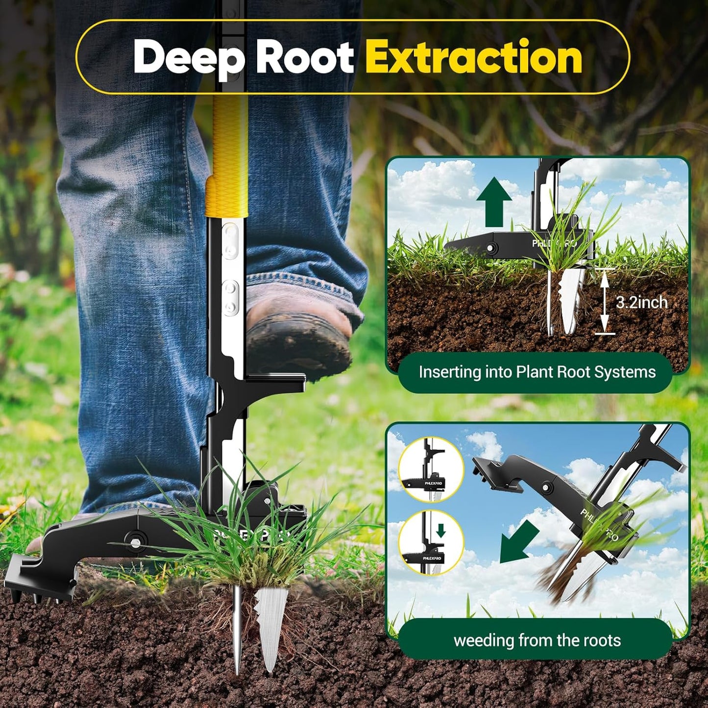 4-Claw Stand Up Weed Puller Tool, Gardening Hand Weeding Tool with 39.3" Long Ergonomic Handle with Easy-Eject Mechanism-Yellow