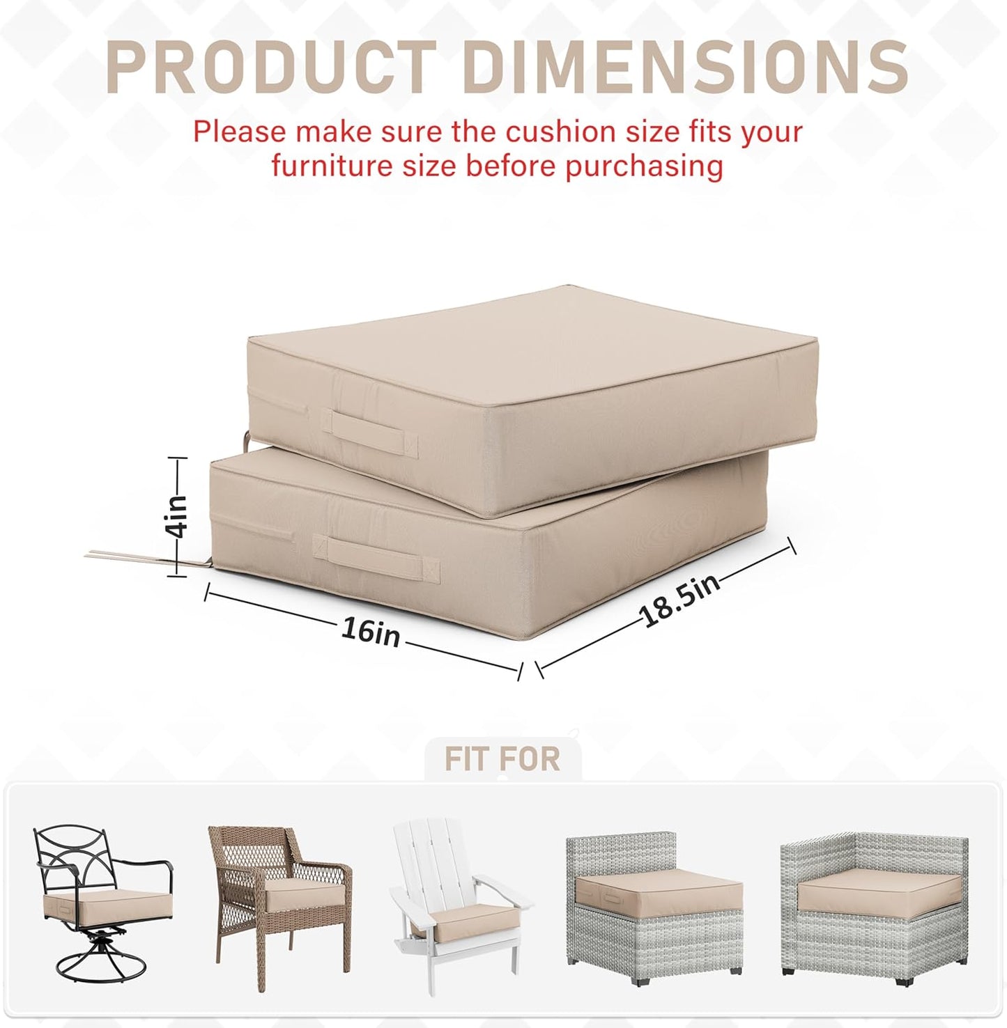 Patio Chair Cushions 18.5 X 16 X 4 Inch Waterproof Outdoor Seat Cushions for Patio Furniture, Outdoor Sofa Couch Pads with Ties & Handle, Set of 2, Sand