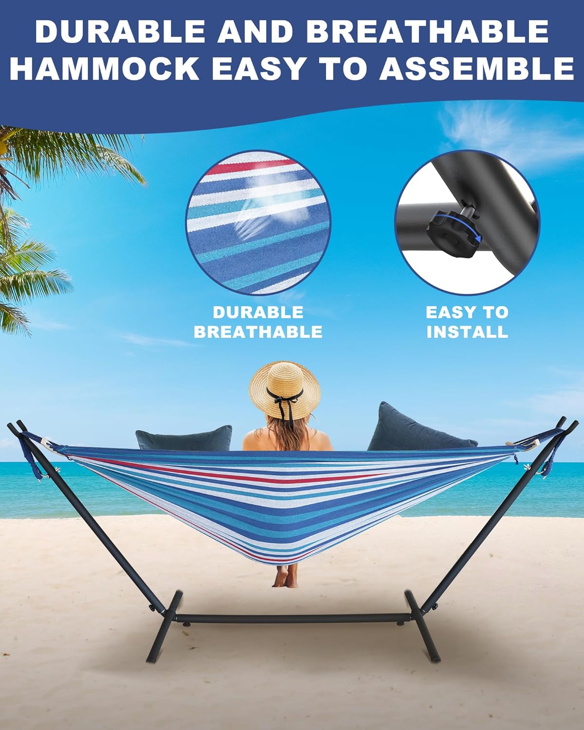 Double Hammock with Heavy-Duty Steel Stand,Portable,Easy Assembly,600lbs Weight Capacity,Suit for Indoor,Yard,Camping,or Outdoor-Fine Blue