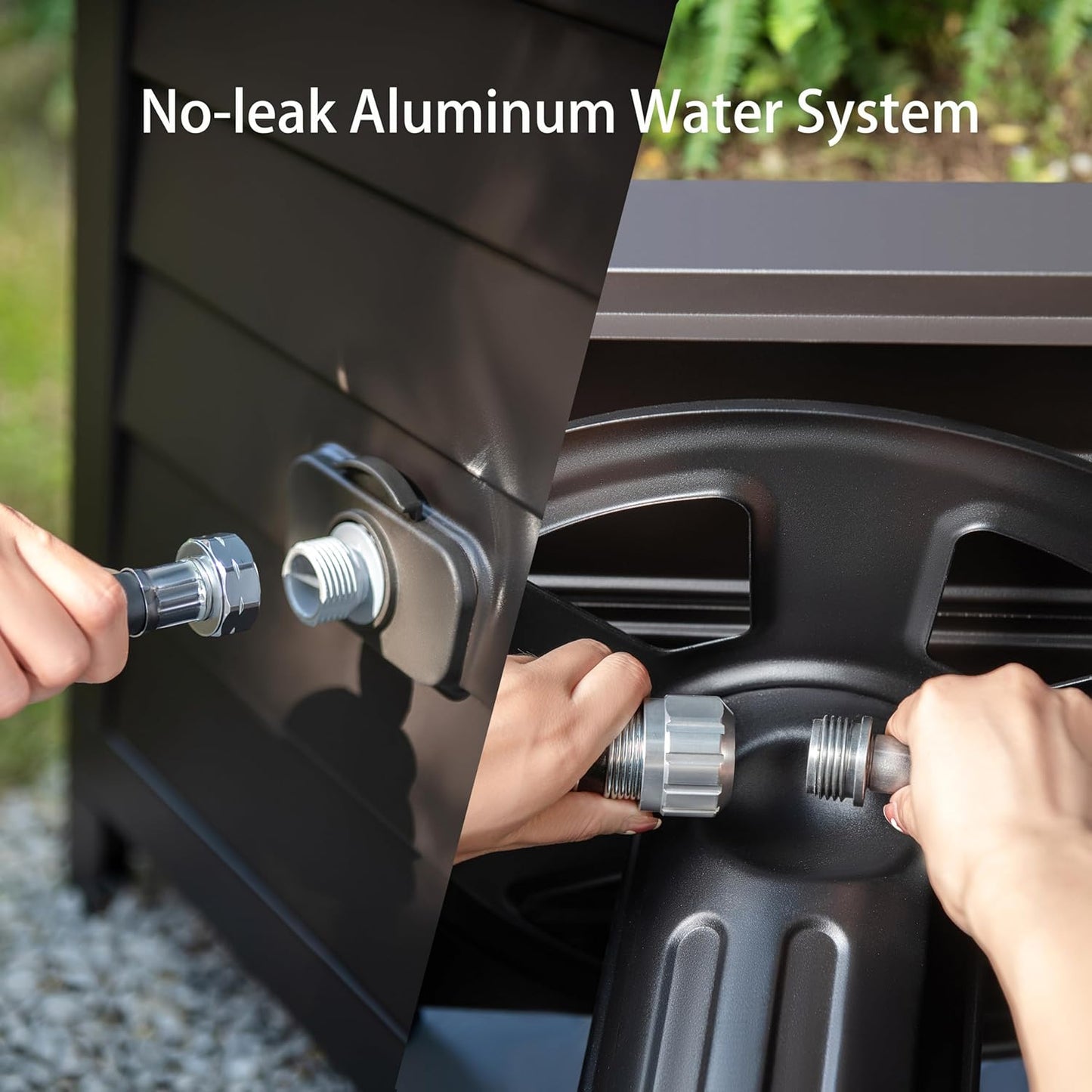 Metal Garden Hose Reel Deck box, Durable Steel Garden Hose Storage Box Cabinet, 150ft 5/8" Garden Hose Capacity. - Hose guide Manual Rewind, No-leak aluminum water connections