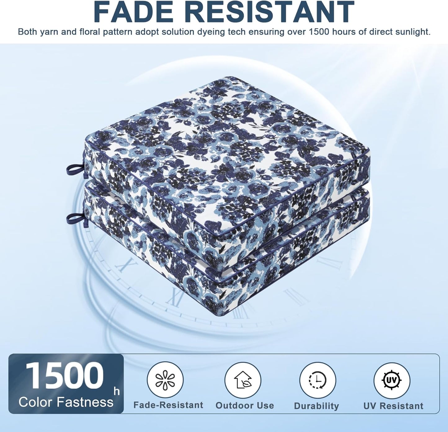 Favoyard Outdoor Chair Cushion 24 x 24 x 4 In Waterproof Pattern Fade Resistant Cushions for Patio Furniture with Removable Cover Attach Straps 28D Foam Insert Cushions Pads for Seat Sofa Couch 2 Pack