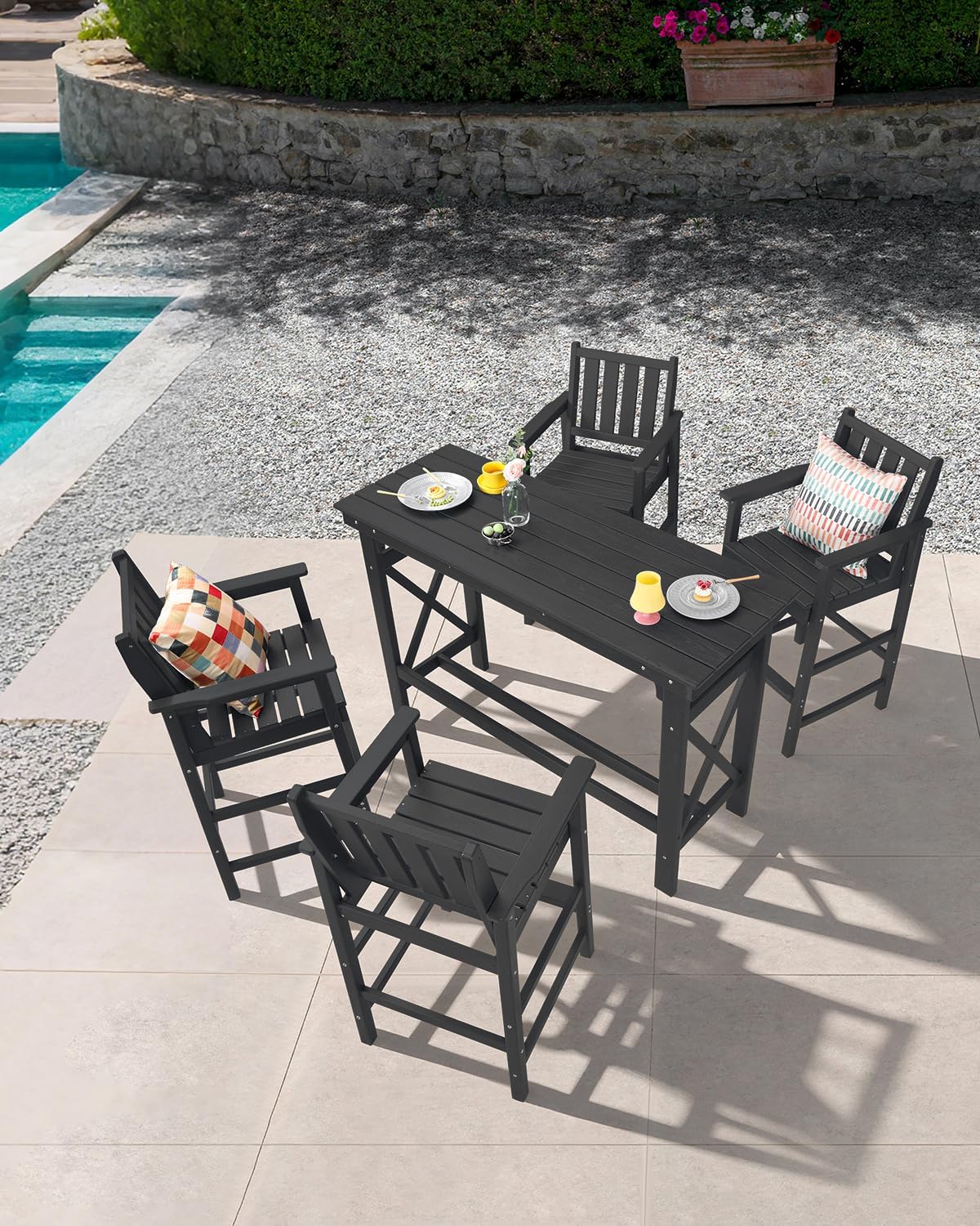5-Piece HDPE Patio Bar Set, Rectangular Bar Height Table and 4 Adirondack Bar Chairs, All Weather Outdoor Bar Stools Set, Outdoor Bar Table and Chairs Set for Balcony, Pool, Porch, Obsidian