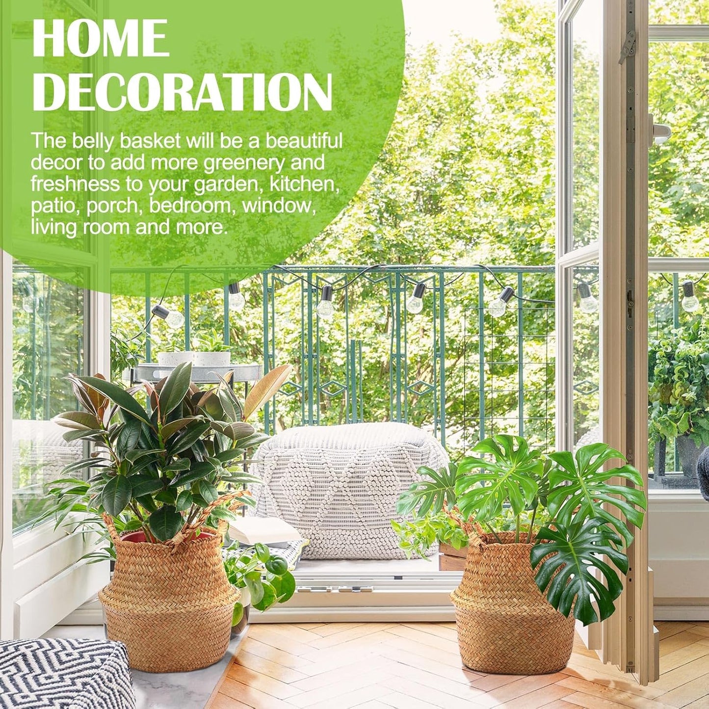 Qunclay Woven Seagrass Baskets Belly Basket Folding Boho Natural Plant Pot with Handles Round Decorative Wicker Large Indoor Planter for Home Outdoor Tree Planters Decor(8.66 x 7.87 Inch, 4 Pcs)