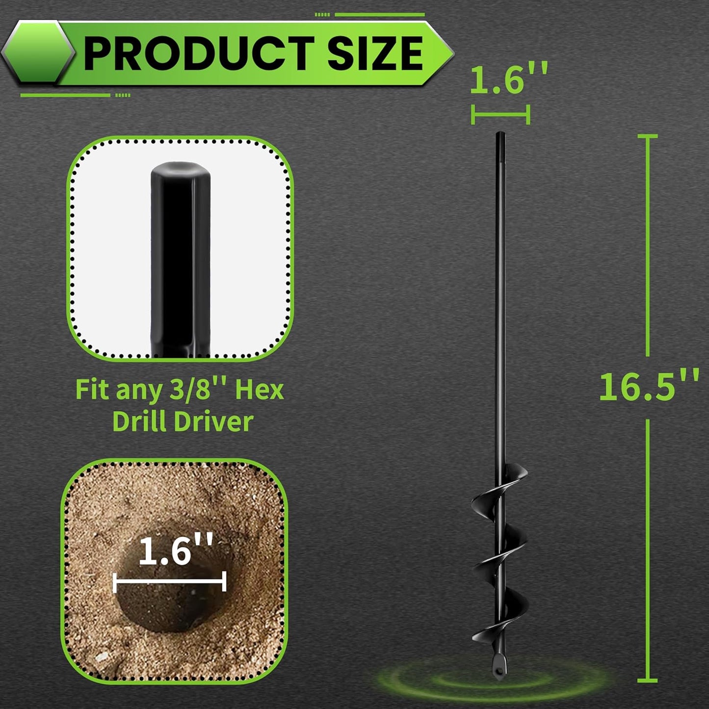 SYITCUN Auger Drill Bit for Planting 1.6"x16.5", Post Hole Auger for Planting Bulbs, Easy Post Hole Digger with Drill for 3/8”Hex Drive Drill