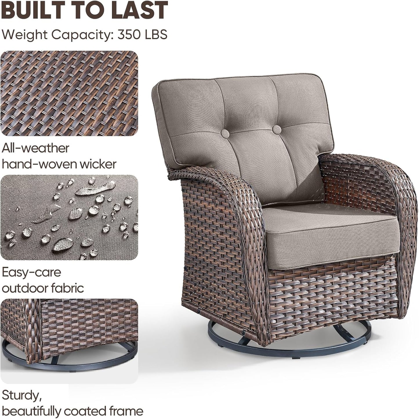 4-Piece Rotating Balcony Chair Set with 31-inch T-Shaped Wide backrest - Rattan Outdoor Rotating Balcony Chairs, Wide backrest Comfortable Outdoor Sliding Chair - Brown | Grey