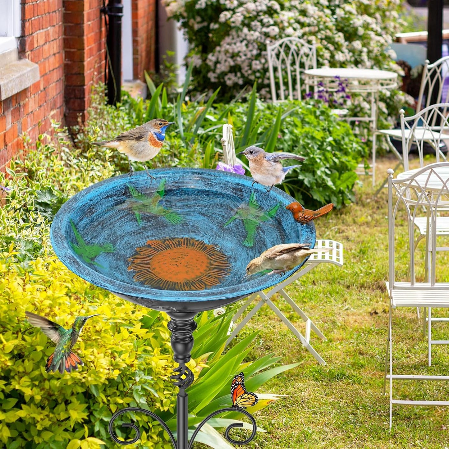 35.4" Tall Bird Bath for Outside, Vintage Metal Birdbaths Bowl with 5 Prong Bases for Outdoors, Freestanding Birdfeeder with Hummingbird Carving for Garden Yard Lawn Decor (Retro Blue)