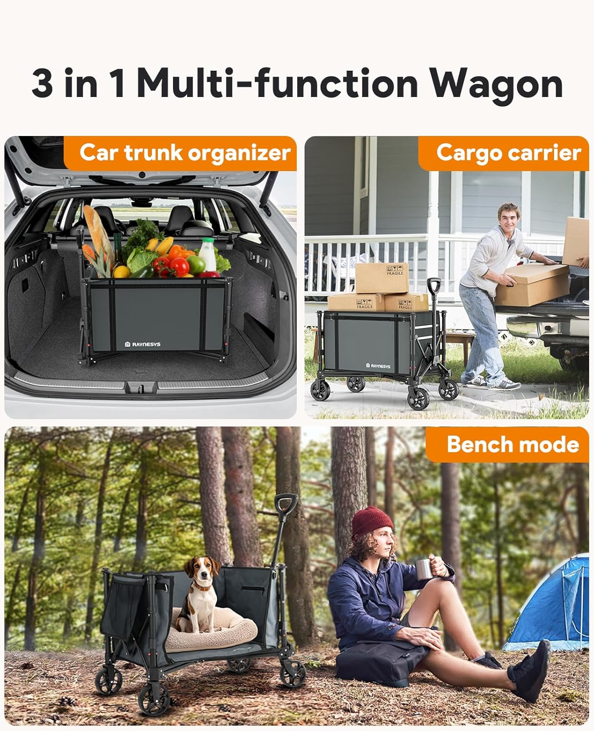 Collapsible Wagon Cart with Wheels 220lbs Foldable Wagon 120L Shopping Cart for Groceries Folding Utility Wagon for Beach, Garden, Camping, Sport, Apartment, Wheelbarrows, Gray