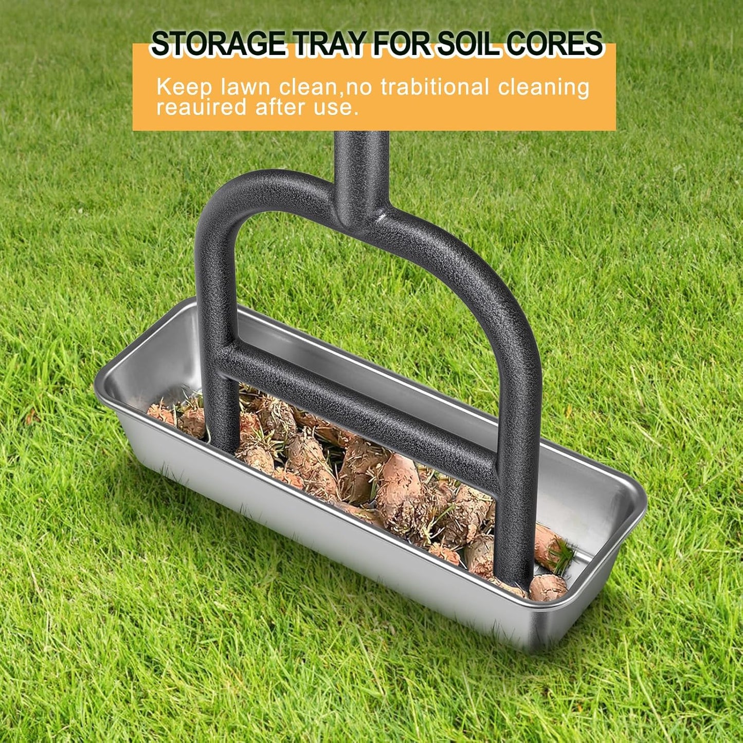 Dolibest Lawn Coring Aerator, Manual Lawn Aerator, 3 Stainless Steel Corer Plug Aerator with Soil Core Storage Tray, Pre-Assembled Manual Grass Aerating Tool & Clean Hand Tool, Improving Lawn Health