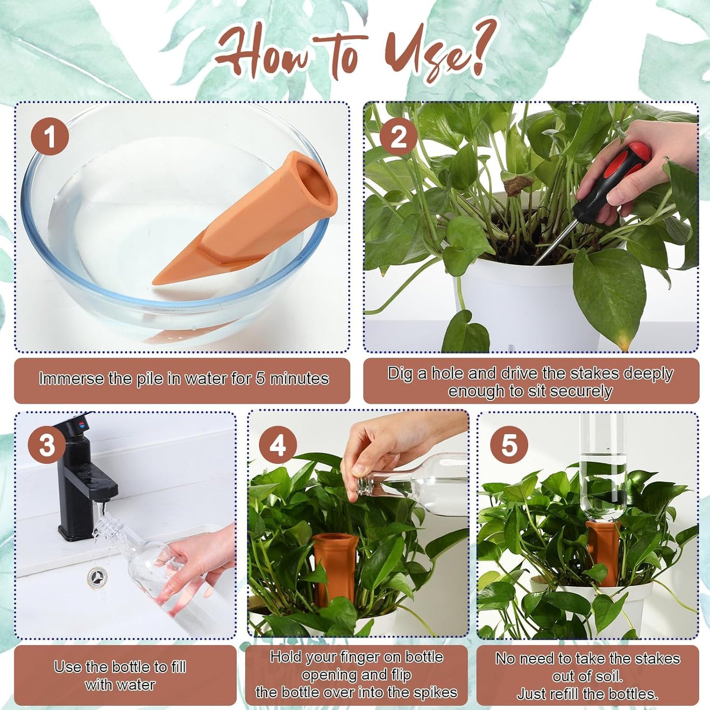 6 Sets Plant Watering Devices Include Terracotta Self Watering Spikes and 26 oz Plastic Bottles, Slow Release Vacation Insert Automatic Plant Waterer Device (Clear Green and Terracotta)