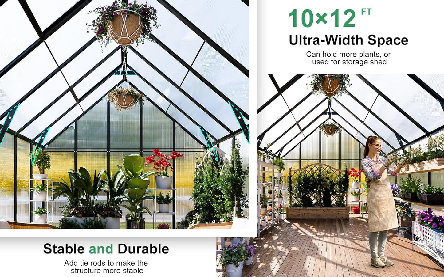 CDCASA 12x10x10 FT Greenhouse for Outdoors, Easy Assembly Large Aluminum Heavy Duty Polycarbonate Greenhouses Kit w/2 Window, Swing Door, Walk-in Green House for Outsides, Sunroom, Backyard, Garden