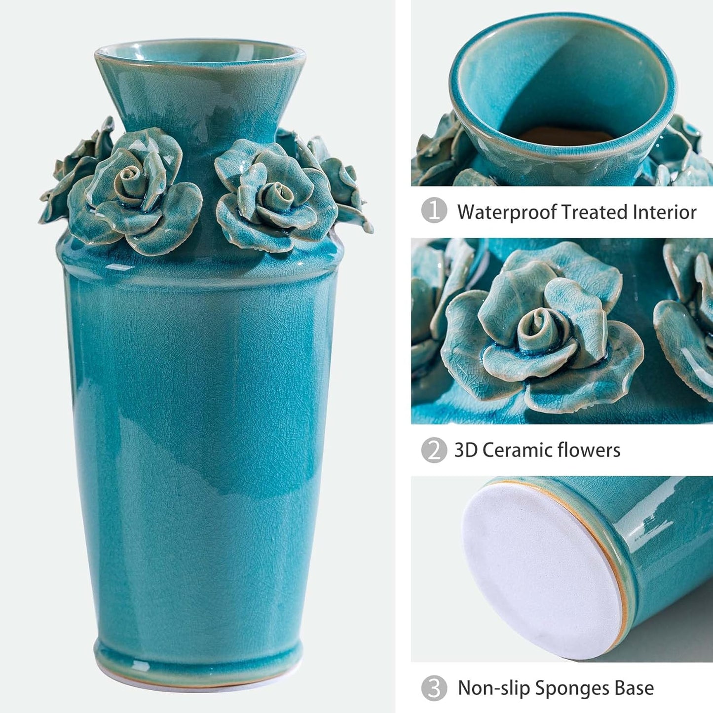 Handmade 3D Ceramic Flower Blue Bud Vase for Centerpieces, Decorative Blue Flower Vases for Wedding Reception, Home Decor, Living Room, Cottage Core Decor, Jarrones Decorativos para Sala 8.7 Inch