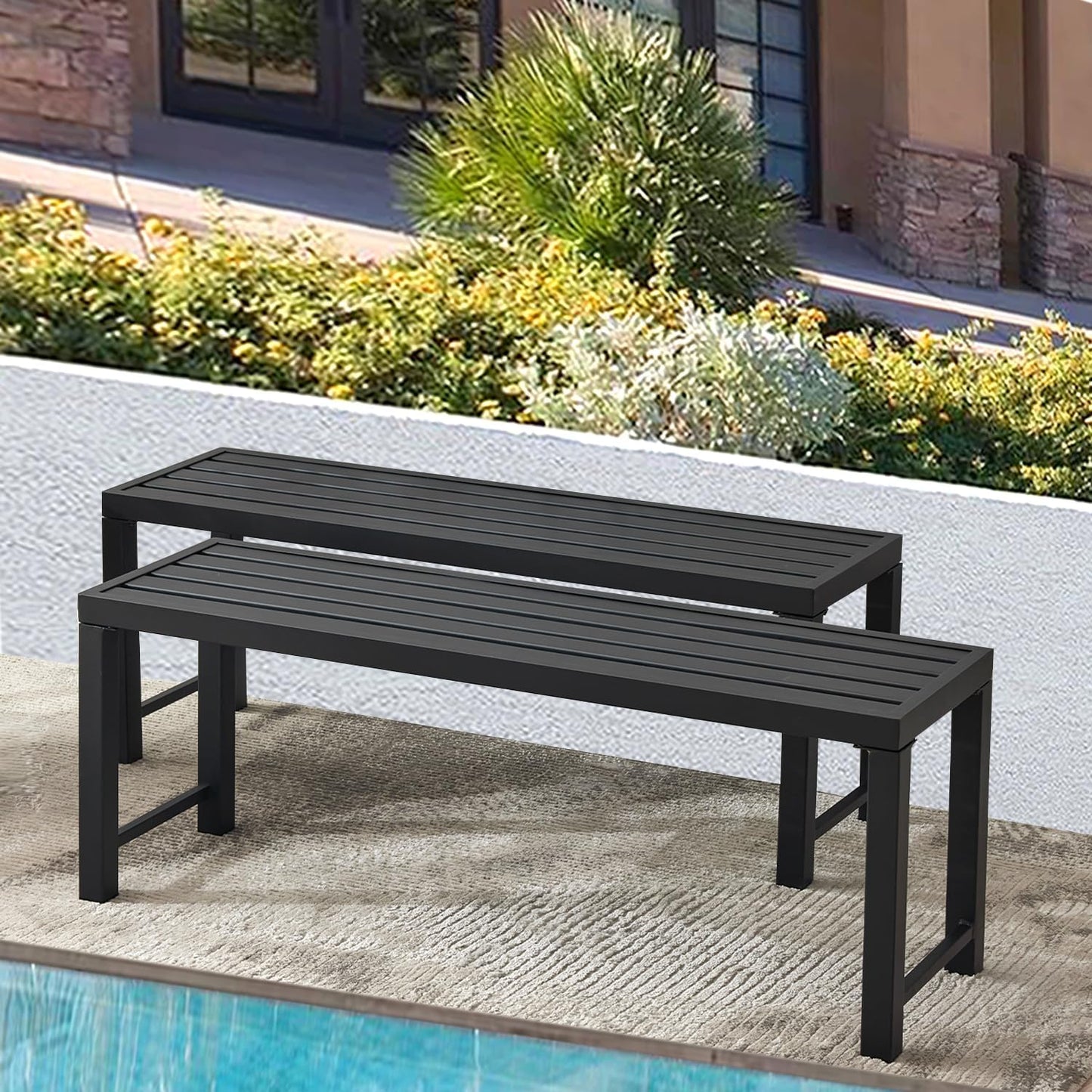 Black Outdoor Bench, Outdoor Metal Backless Bench Set of 2, 46" Patio Garden Bench for Outdoor, All Weather Outdoor Bench for Garden, Backyard, Porch, Black