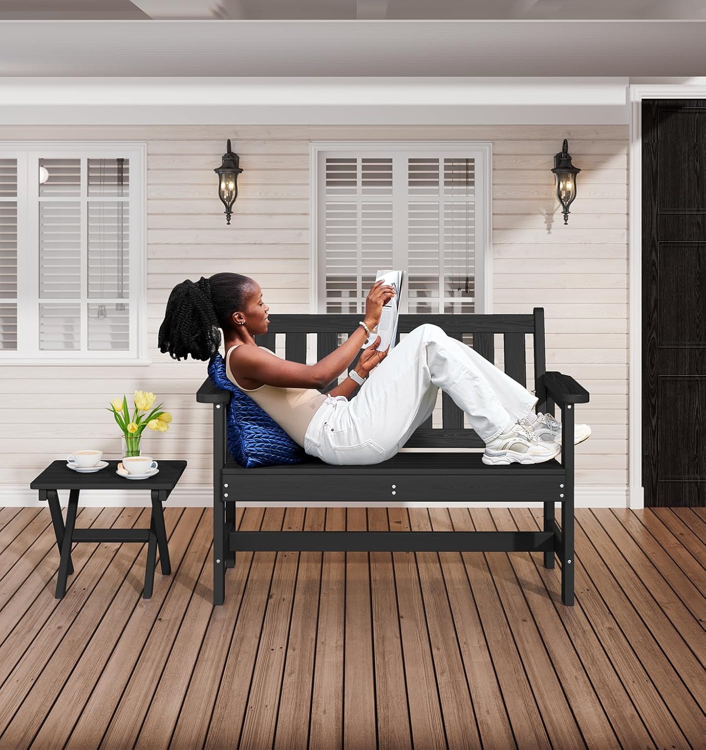 SERWALL Outdoor Bench, HDPE Outdoor Benches Weatherproof, 2-Person Garden Bench with 660 lbs Weight Capacity, Patio Benches for Outdoors, Garden, Porch, Backyard and Park, Black, 6 Pack