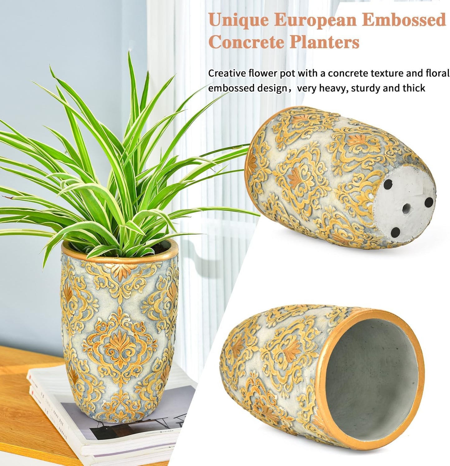 Sungmor Cement Planter Succulent Pots, Set of 2 Concrete Cactus Plant Pot with Drainage Hole, Embossed Design Flower Pot for Home Office Decor, 4.9 Inch & 6.1 Inch Indoor Outdoor Plants Container