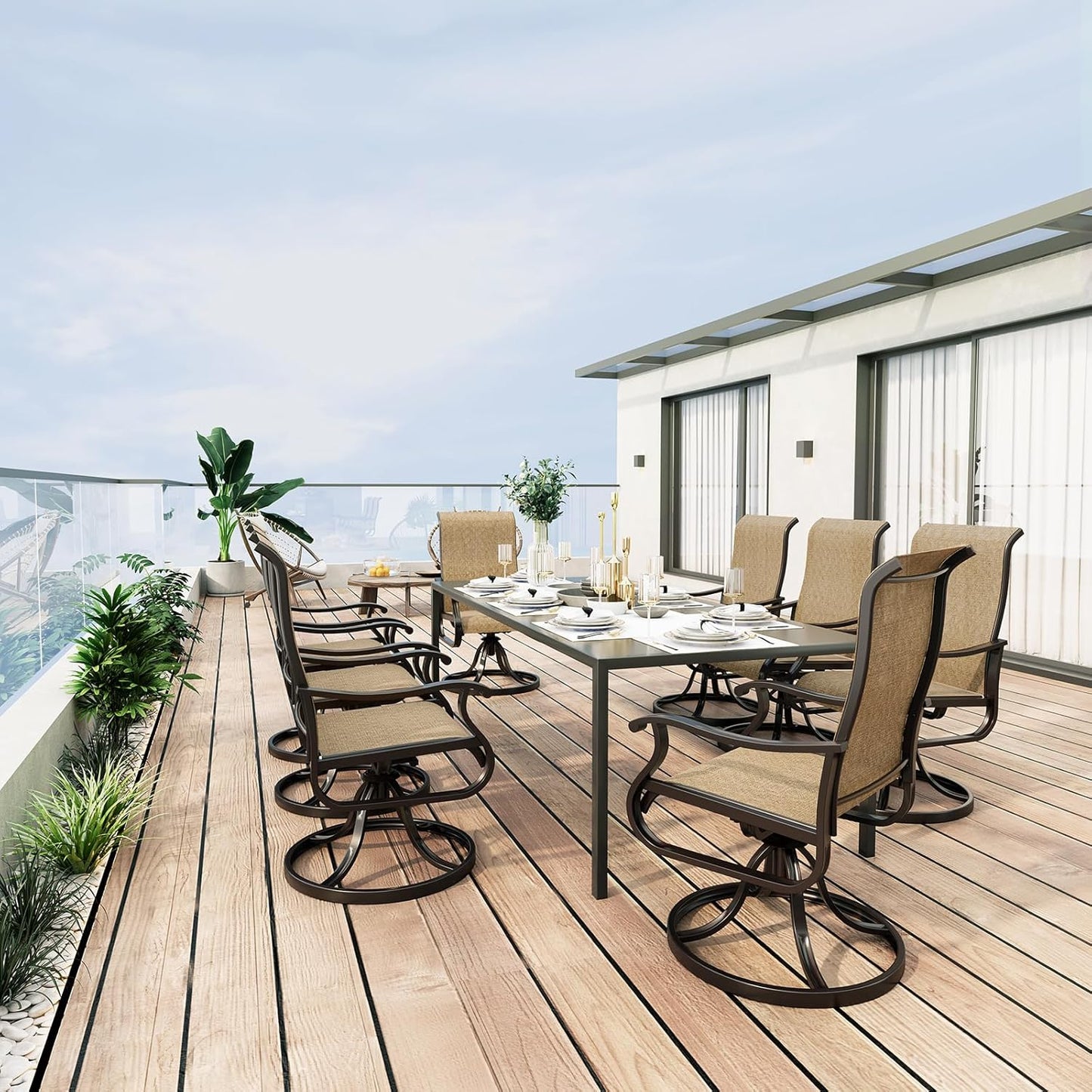 Amopatio Patio Swivel Chairs Set of 8, Outdoor Swivel Rocker Dining Chairs with All Weather Textilene High Back & Metal Frame, for Backyard Deck Lawn Garden, Brown