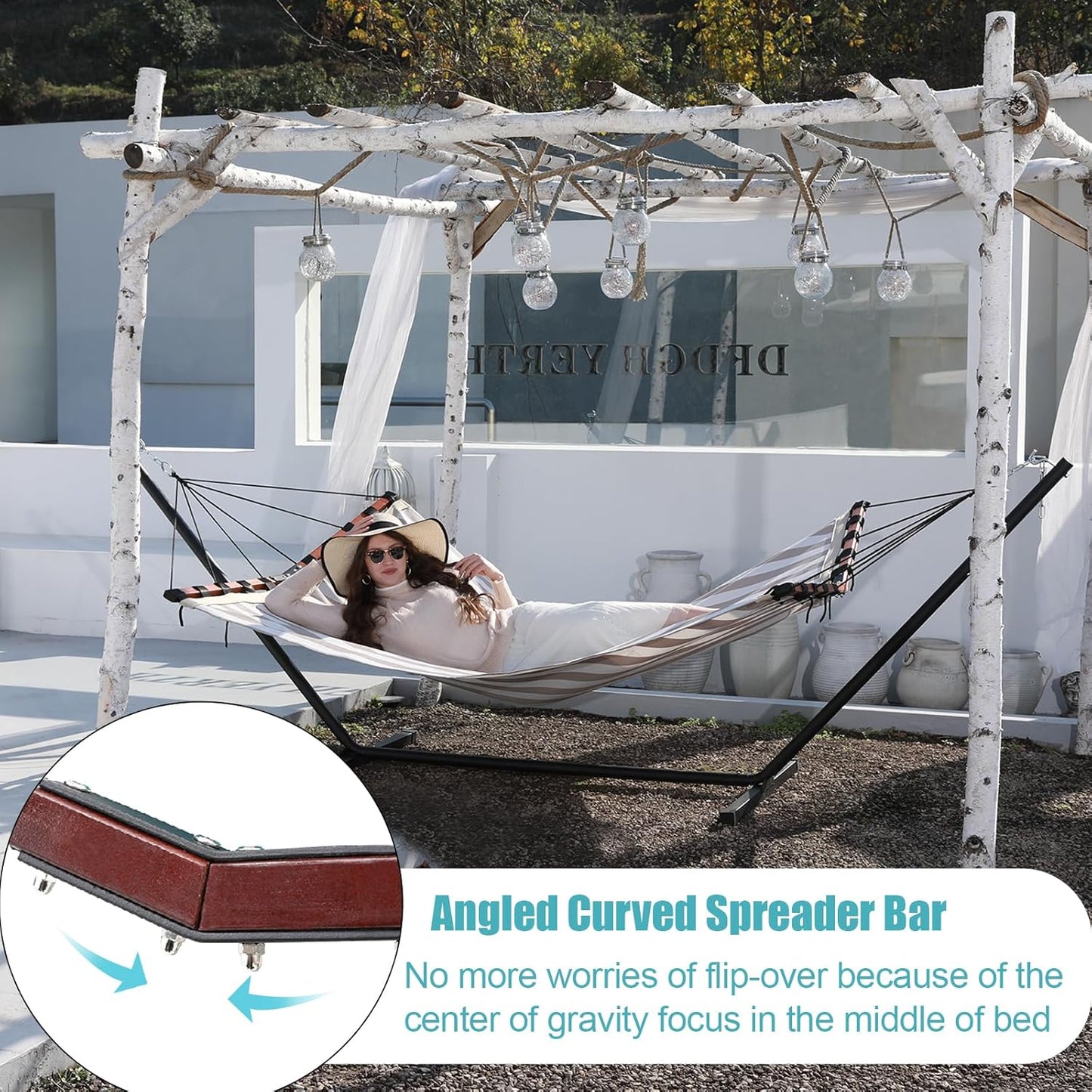 TegerDeger 12FT 2 Person Hammock with Stand Included 55 x 79IN Large Hammock Quick Dry 450LB Capacity with V Shaped Hardwood Spreader Bar & Nylon Rope for Outside, Patio, Garden - Tender Beige Stripes