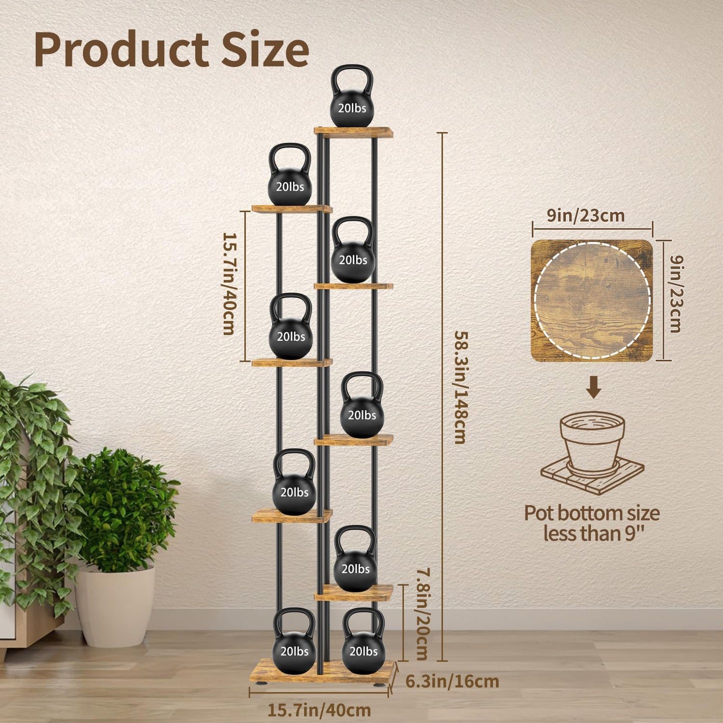 LASZOLA Black 7 Tiered Wood Plant Stand Indoor for Larger Heavy Duty Planter, Sturdy Multi Level Vertical Flowers Racks for Narrow Inside Floor, Decorate Shelving for Hold House Tree, Space Saving