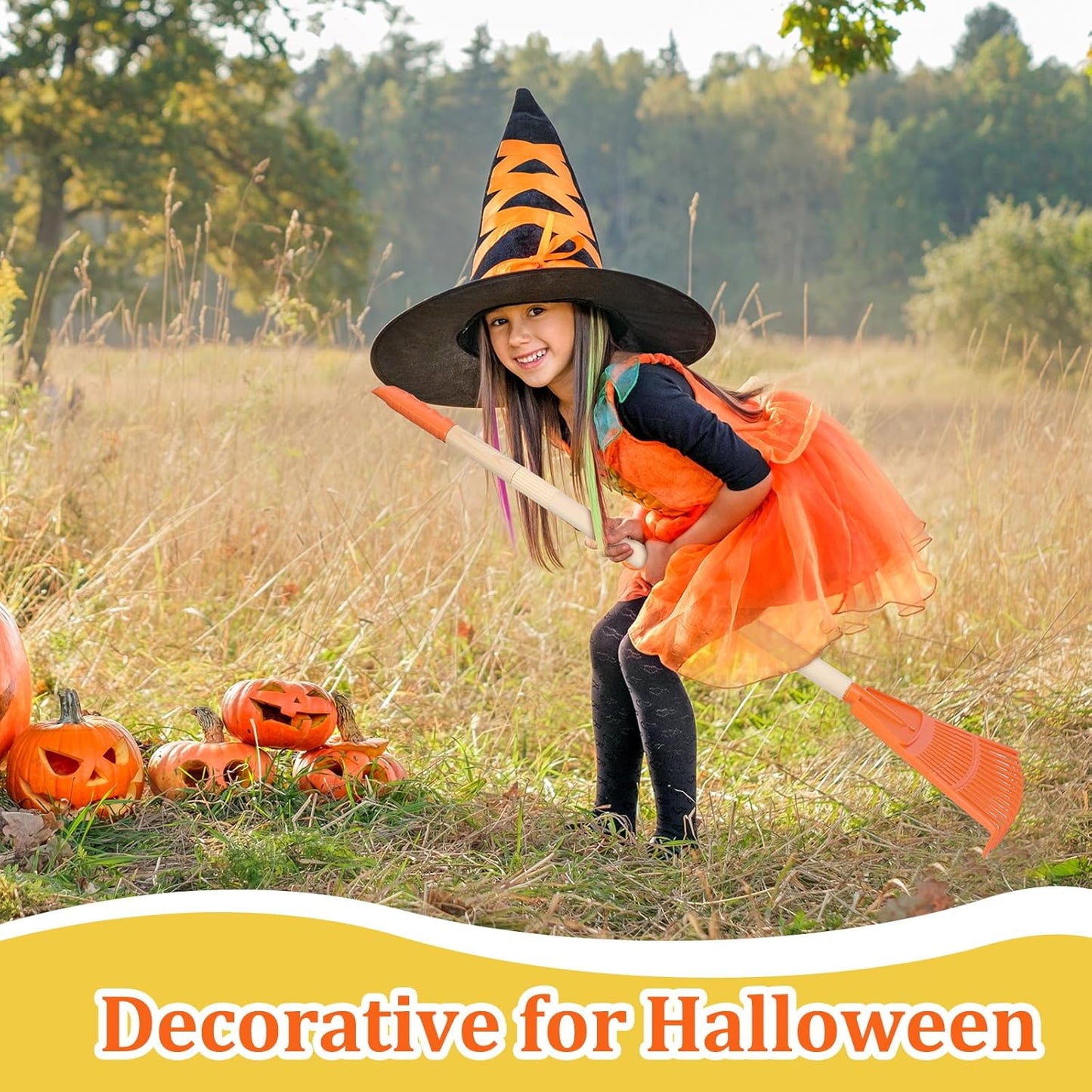 Therwen 8 Pcs Kids Rake 31" Child Size Plastic Lawn Rakes for Leaves Small Rake with Plastic Head and Wooden Handle Toddler Kid Gardening Tools for Leaves Gardening Camping(Orange)