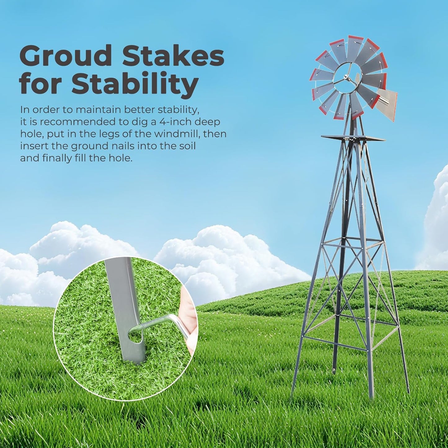 Outvita 8FT Ornamental Windmill, Heavy Duty Durable Metal Weather Vane Garden Decoration Weather Resistant for Garden, Yard, Farm, Seaside (8ft-Gray)