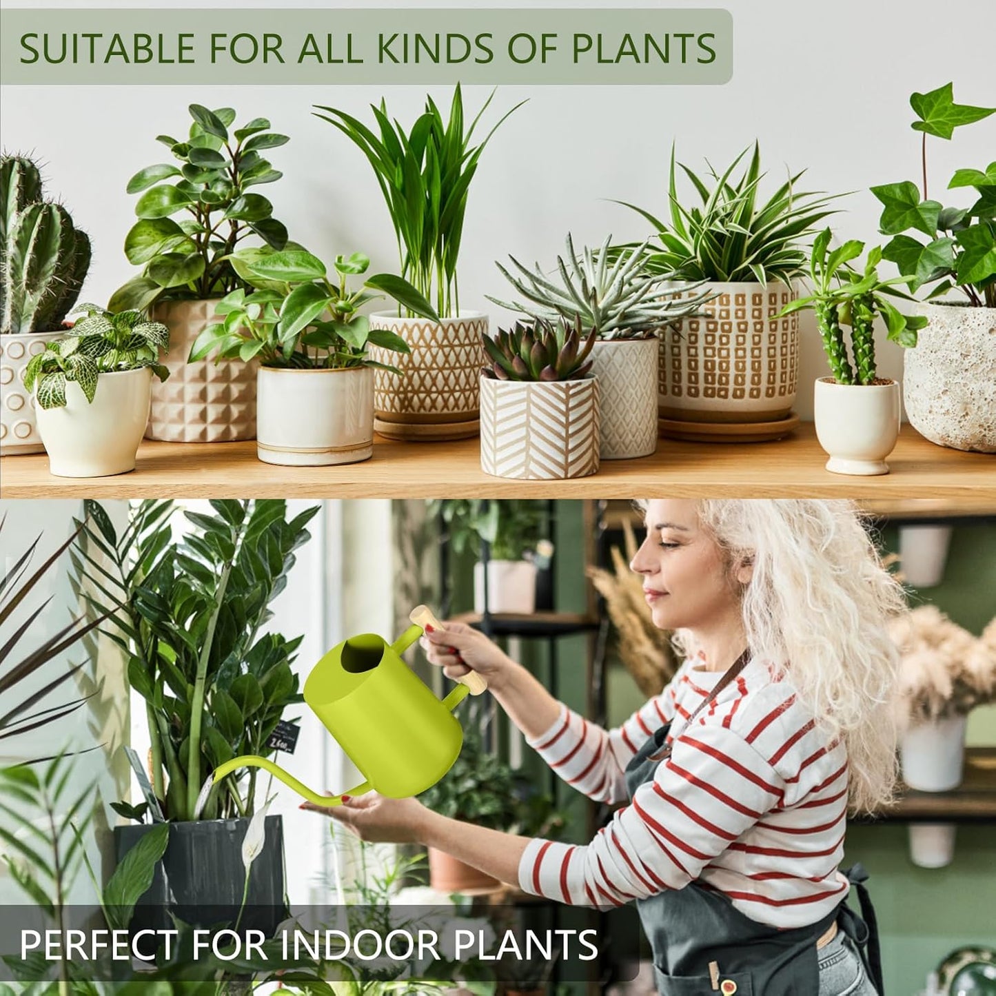 Watering Can Indoor Plants, 35oz Small Stainless Steel Metal Watering Can Modern Decorative Watering Pot with Long Spout for Indoor House Plant Bonsai Garden Flowers (Bright Green)