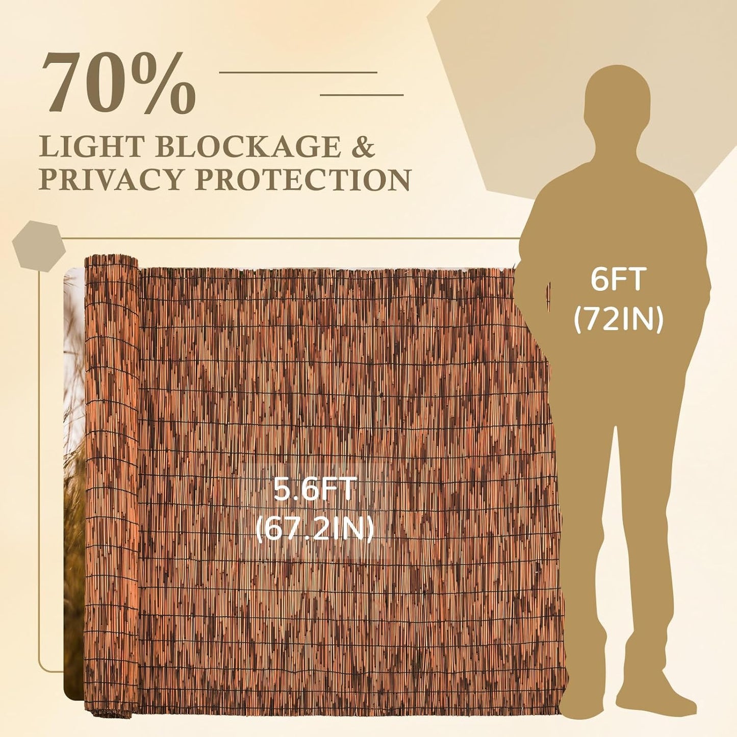 Brown 5.6FT X 16.4FT Reed Fencing Roll, Balcony Privacy Reed Shade Bamboo Fencing Garden Fence Border, Wind Block Sunshade Fence Screen for Outdoor Yard Patio Flower Bed Edge