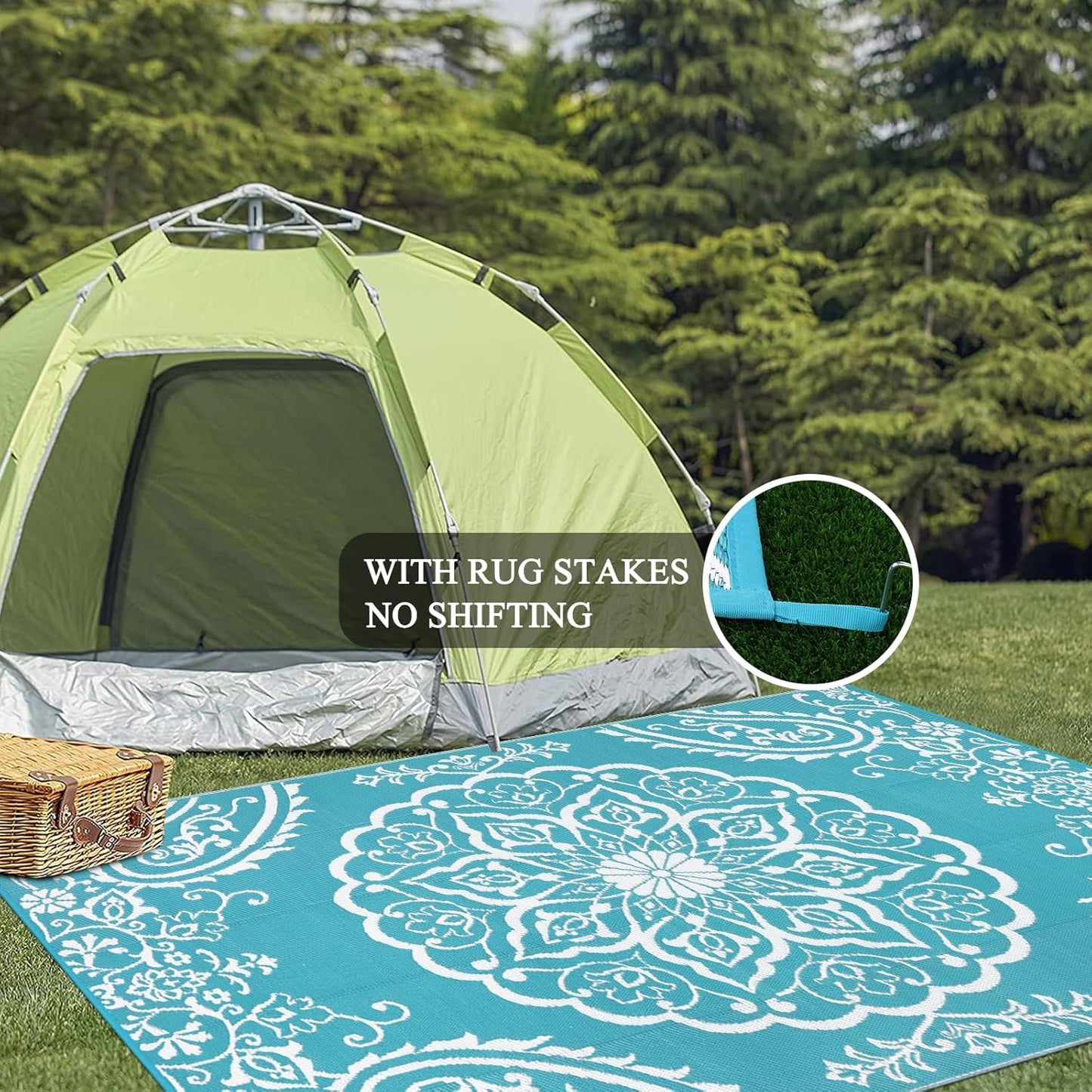 Pauwer Waterproof Outdoor Rug 9x12, Reversible Plastic Straw Patio Camping Rug, Indoor Outdoor RV Mat Carpet for Deck, Camper, Porch, Balcony, Backyard, Picnic, Boho Teal
